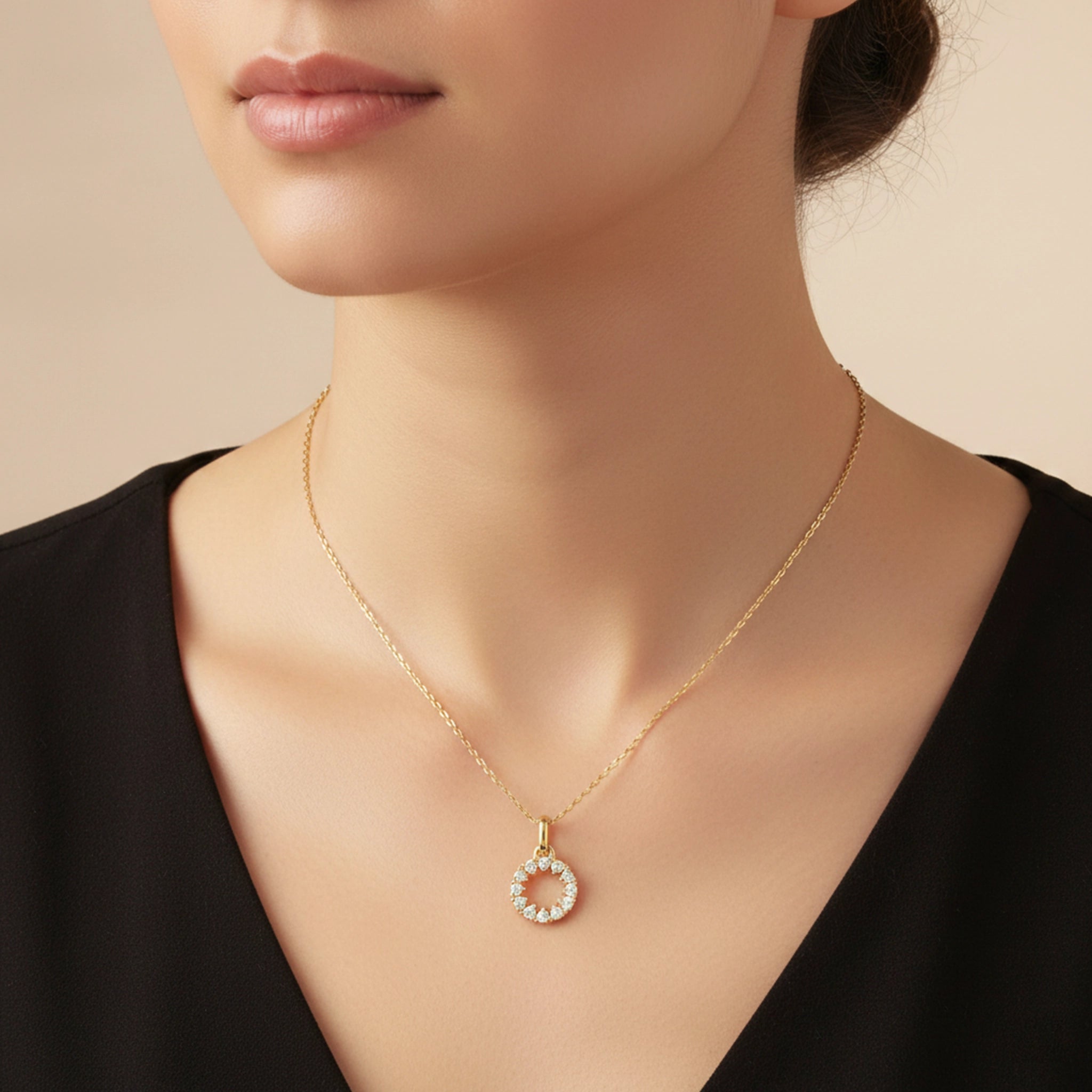 BeBling 14K Yellow Gold Diamond Halo Pendant Necklace on neck