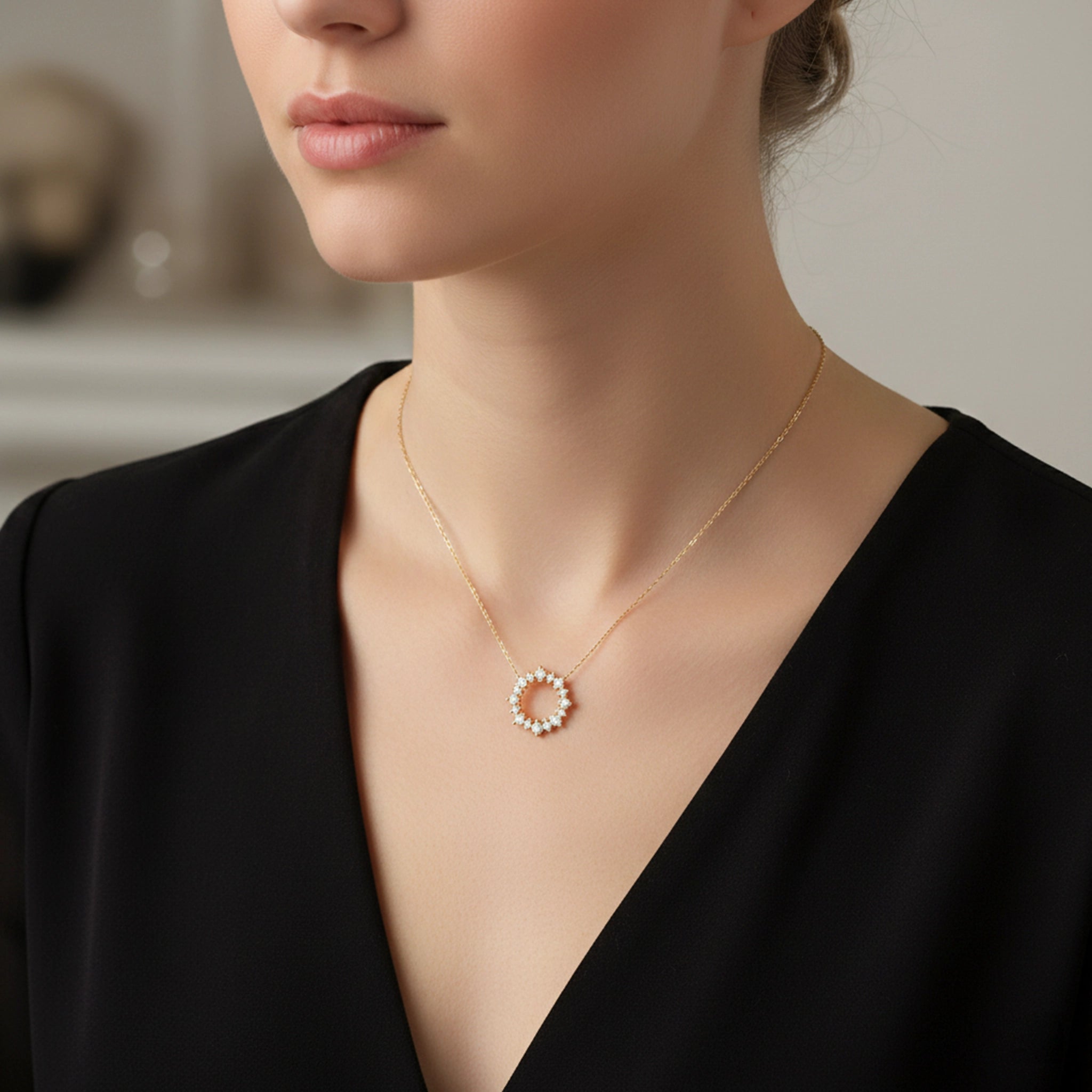 BeBling 14K Yellow Gold Diamond Floral Circle Pendant Necklace - on neck