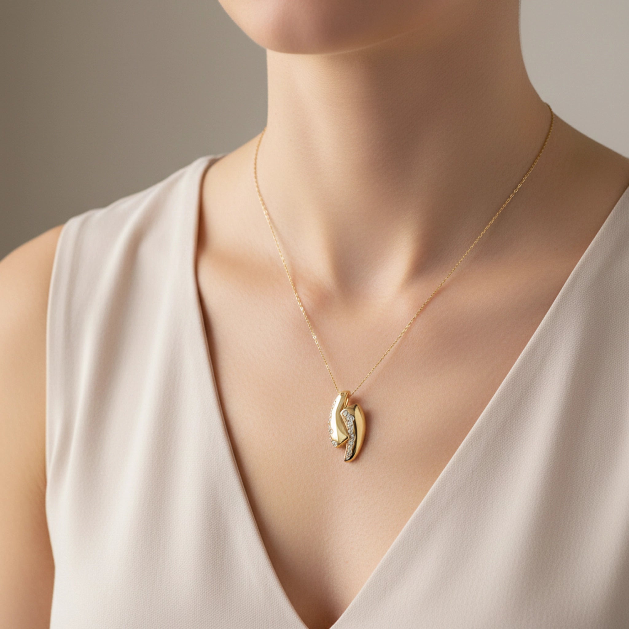 14K Yellow Gold Diamond Flush Bypass Pendant - On Neck