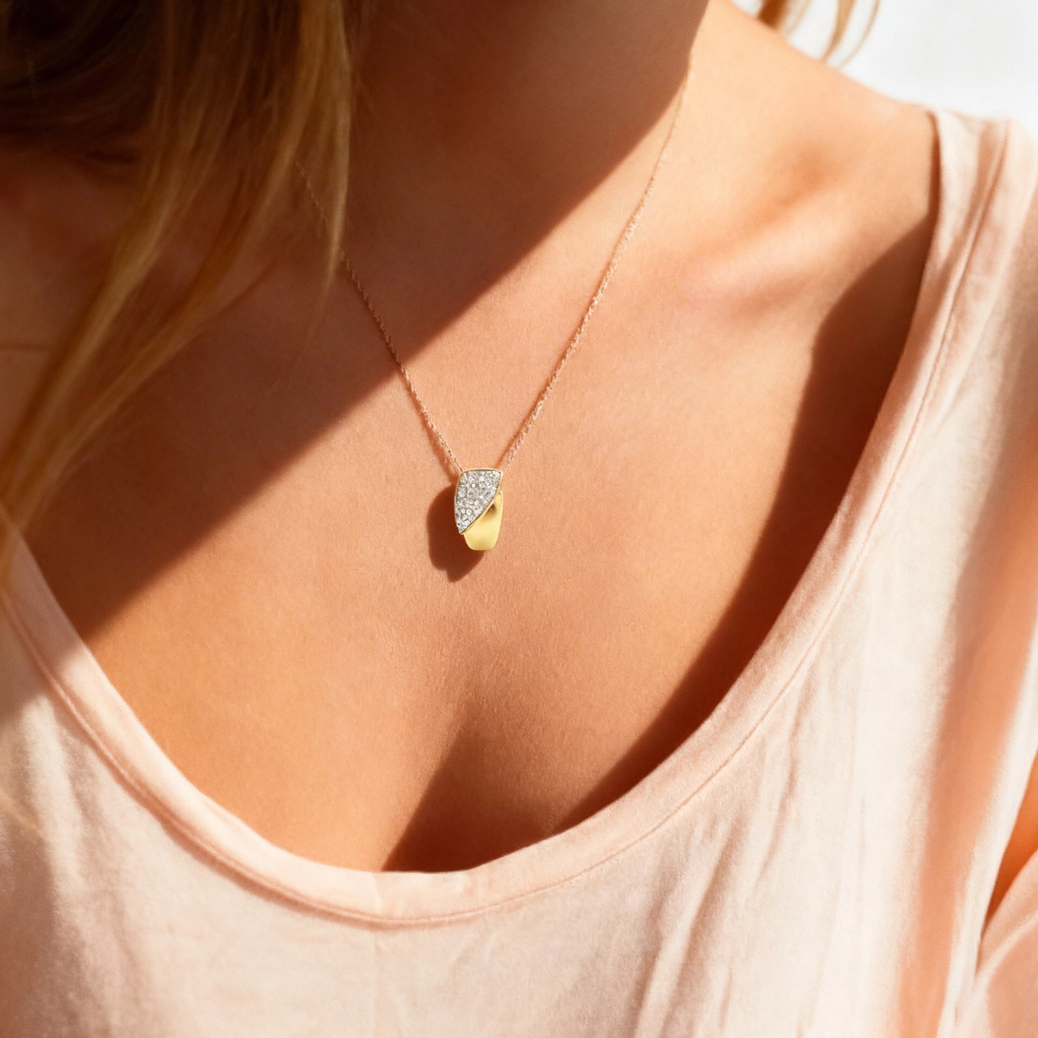 BeBling 14K Two-Tone Gold Diamond Pave Bypass Pendant Necklace - ON NECK