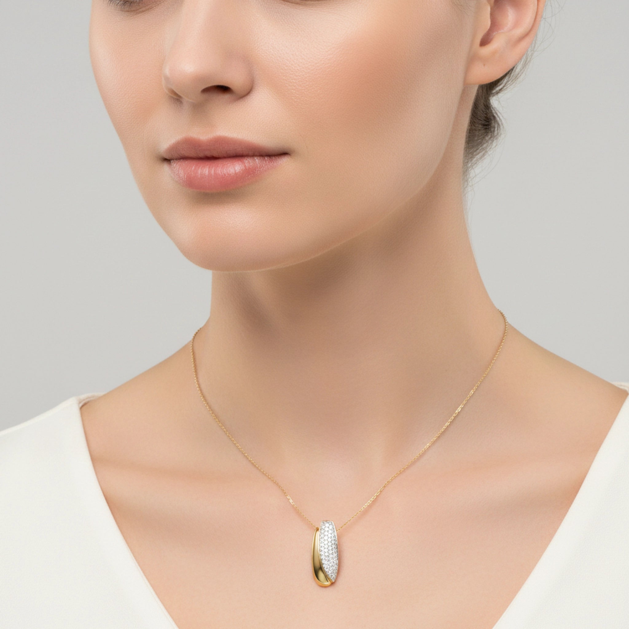 BeBling 14K Two-Tone Gold Diamond Diagonal Pendant Necklace - ON NECK