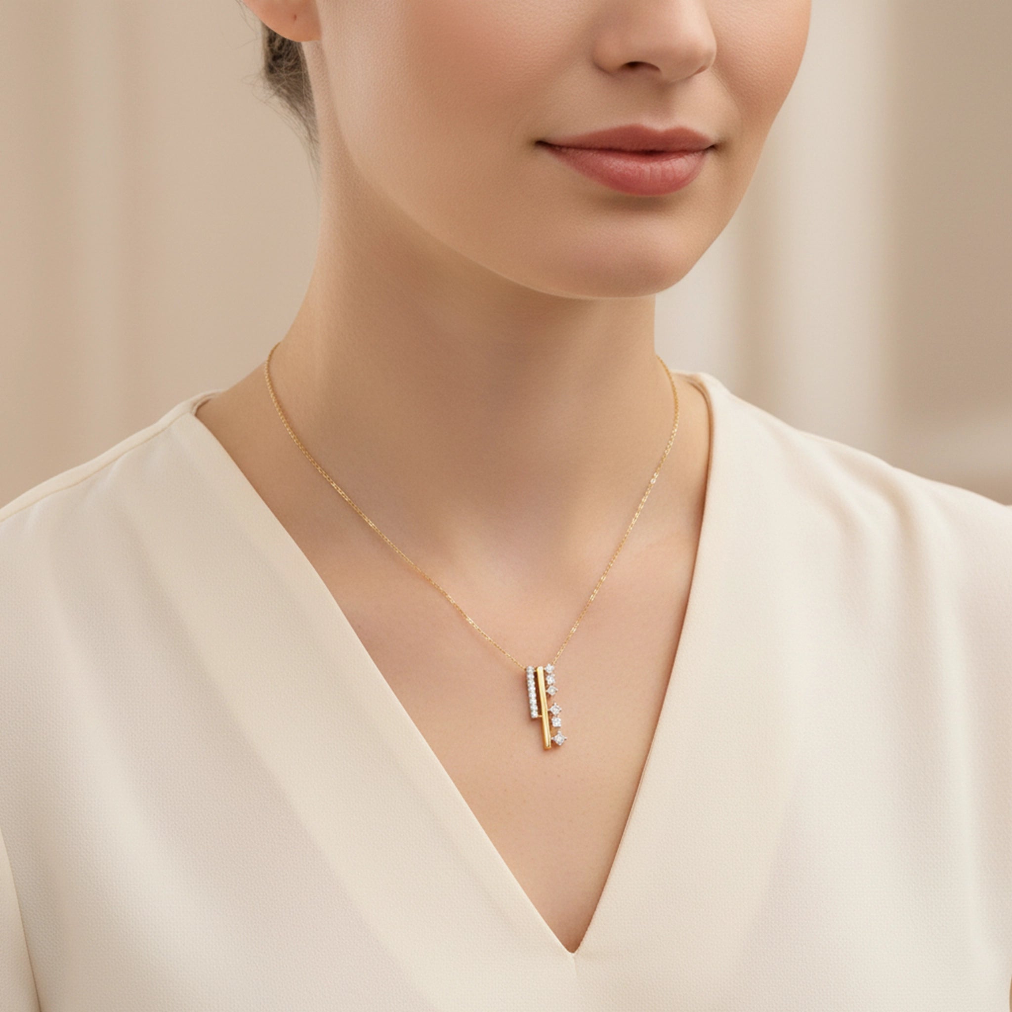 BeBling 14K Two-Tone Gold Diamond Linear Brilliance Bar Pendant Necklace - On Neck