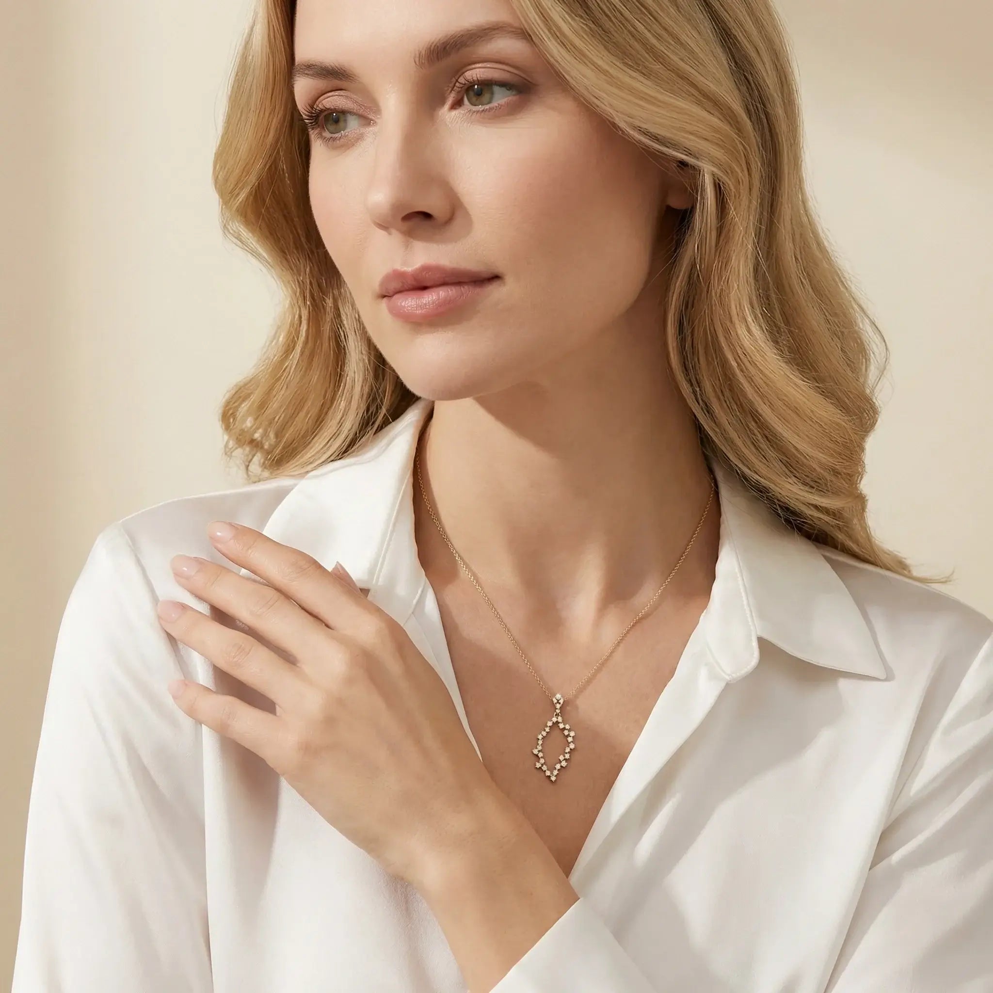 14K Yellow Gold Diamond Chandelier Pendant - Front View - women wearing