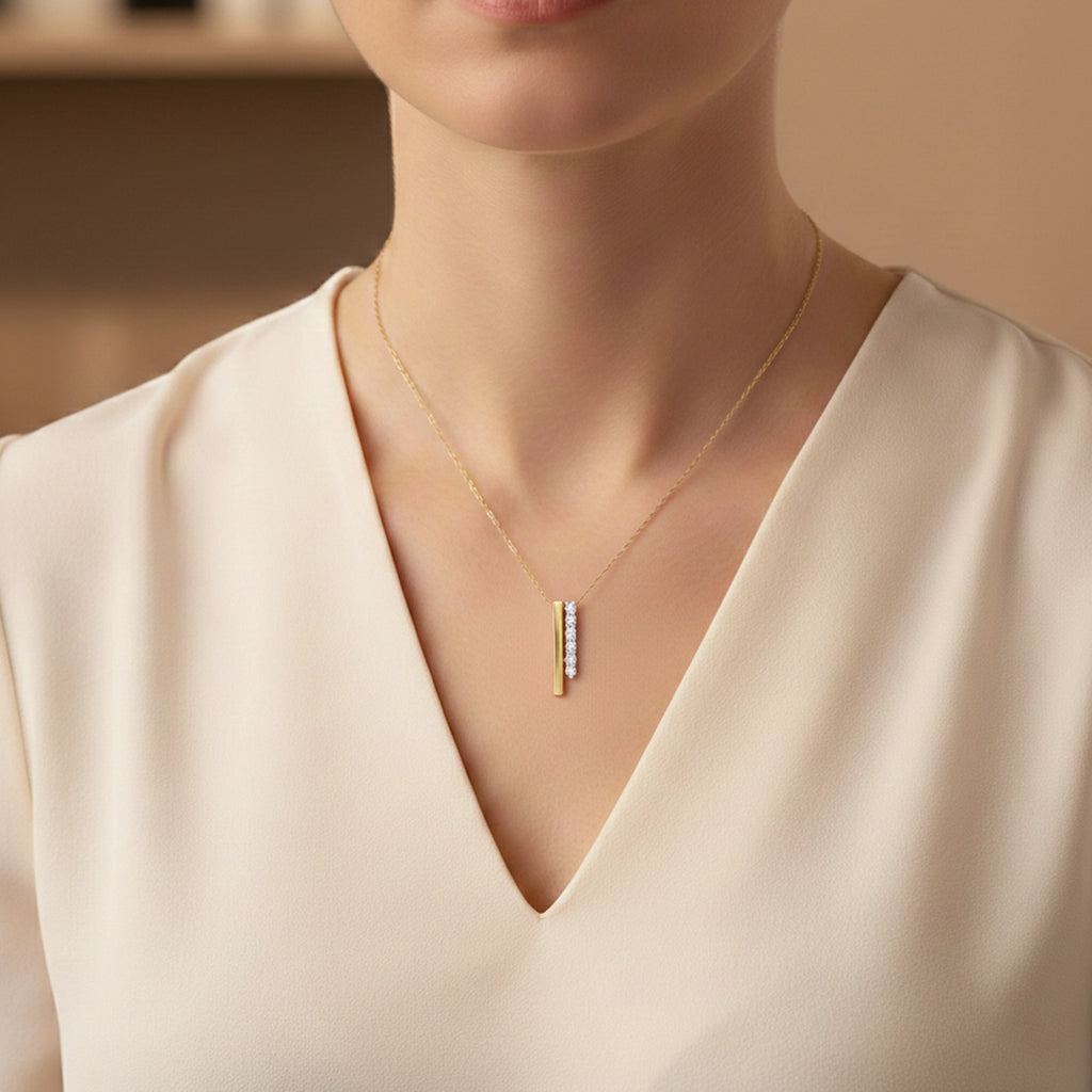 BeBling 14K Two-Tone Gold Diamond Linear Brilliance Bar Pendant Necklace -   On Neck