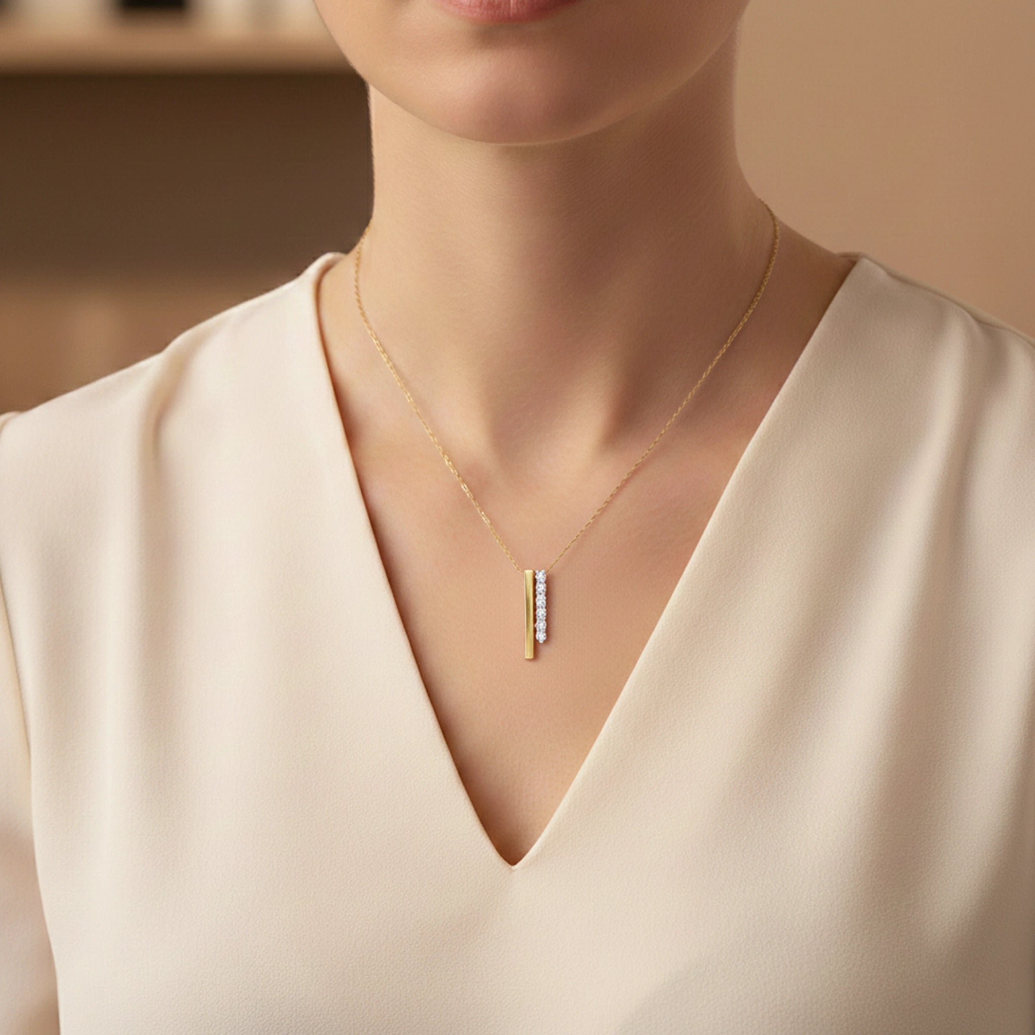 BeBling 14K Two-Tone Gold Diamond Linear Brilliance Bar Pendant Necklace -   On Neck