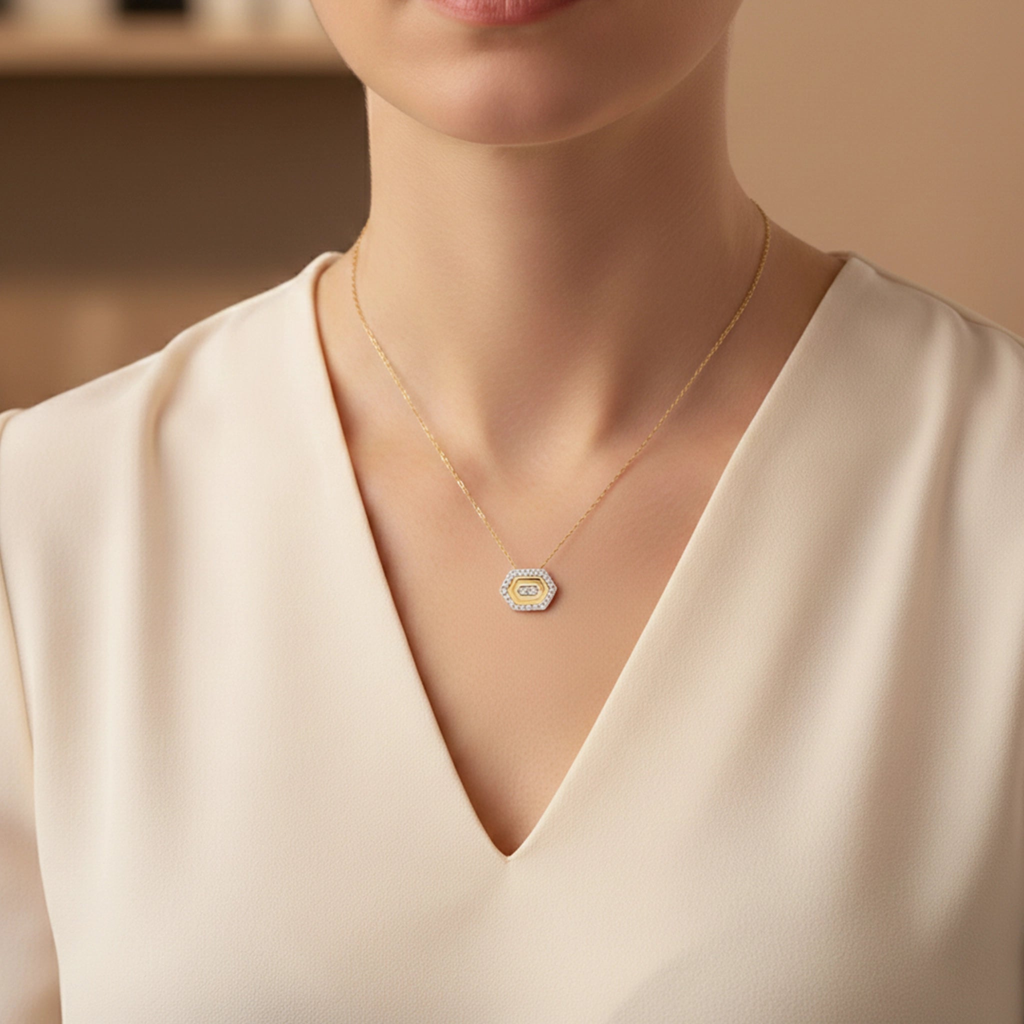 BeBling 14K Two-Tone Gold Diamond Hexagon Halo Pendant Necklace - On Hand