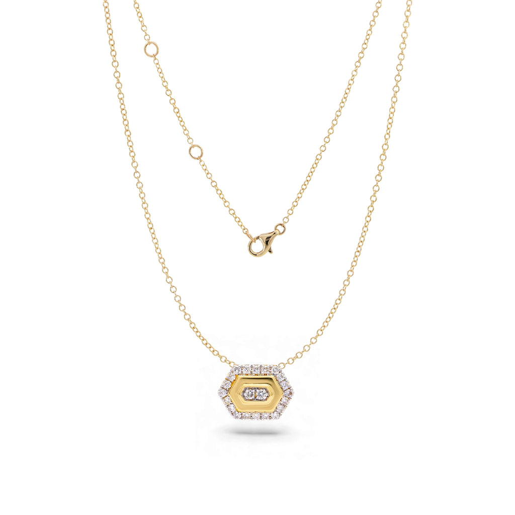 BeBling 14K Two-Tone Gold Diamond Hexagon Halo Pendant Necklace front view