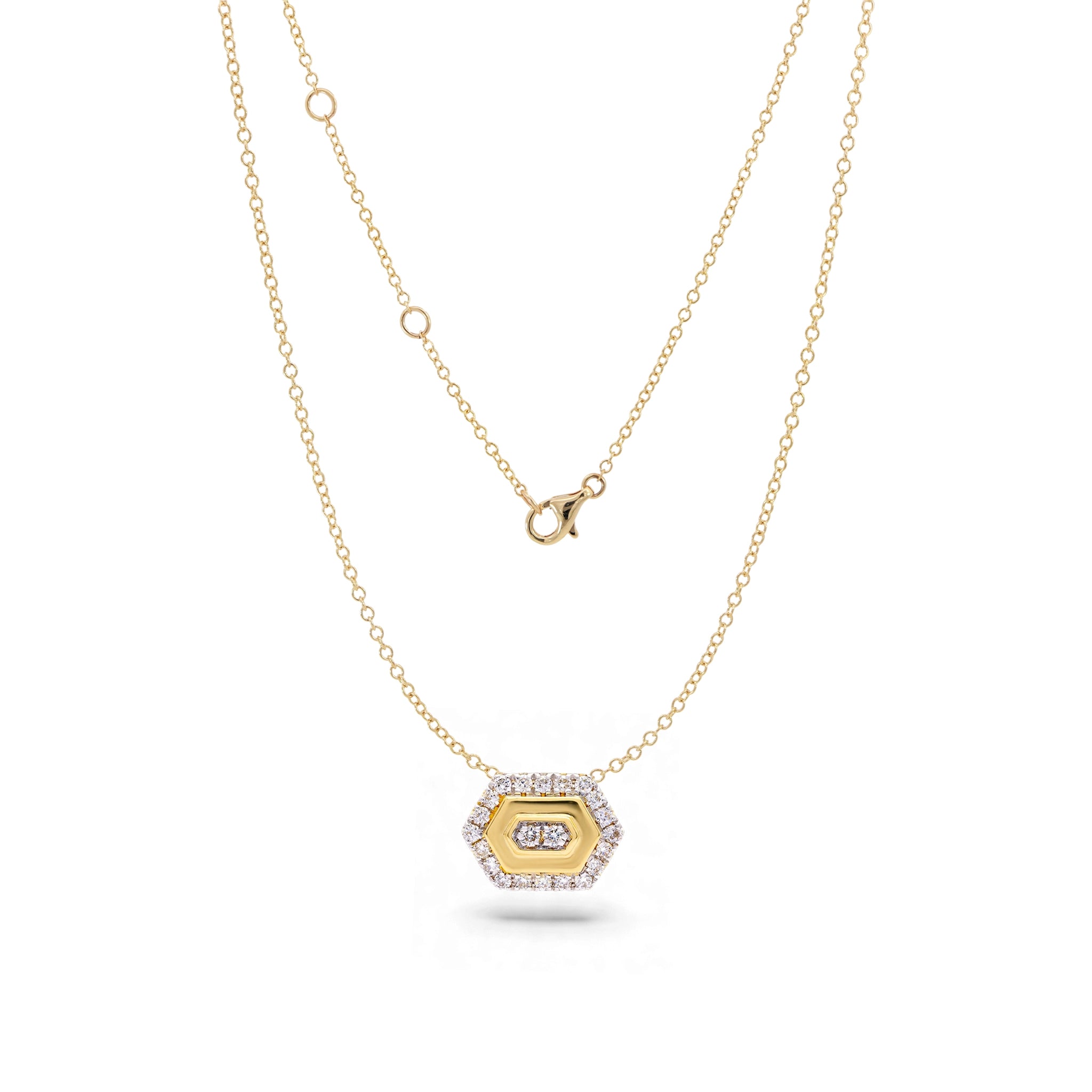 BeBling 14K Two-Tone Gold Diamond Hexagon Halo Pendant Necklace front view