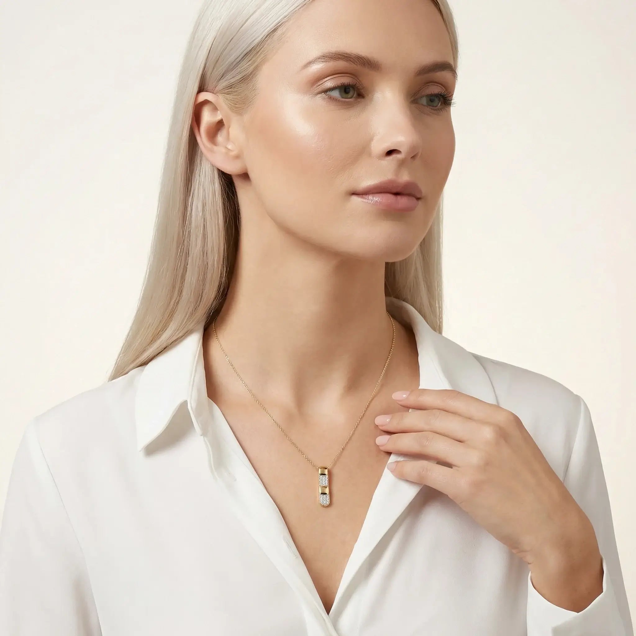 14K Yellow & White Gold Diamond Vertical Bar Pendant - women wearing