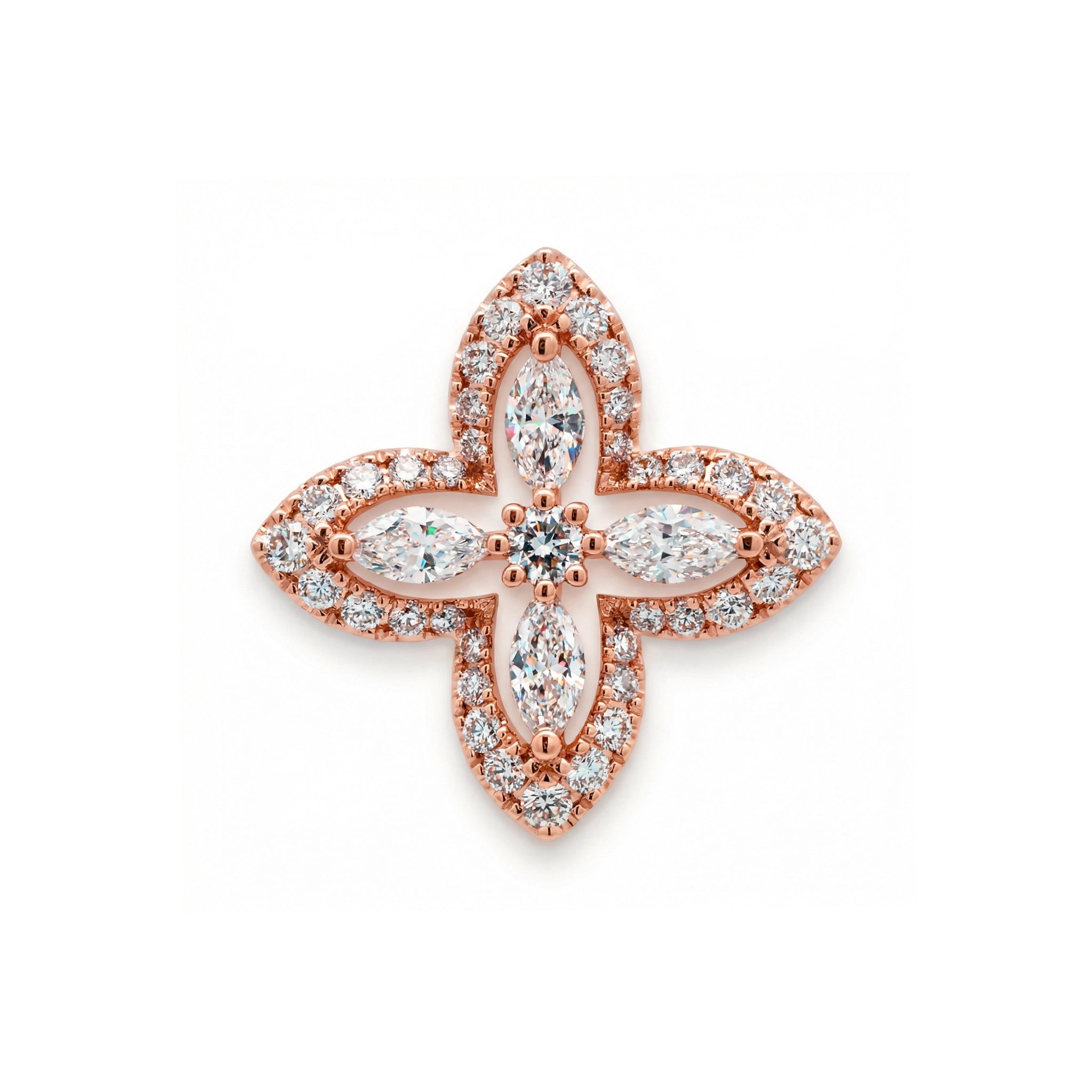 BeBling 14K Yellow Gold Diamond Four Leaf Clover Pendant with marquise stems front view - rose gold