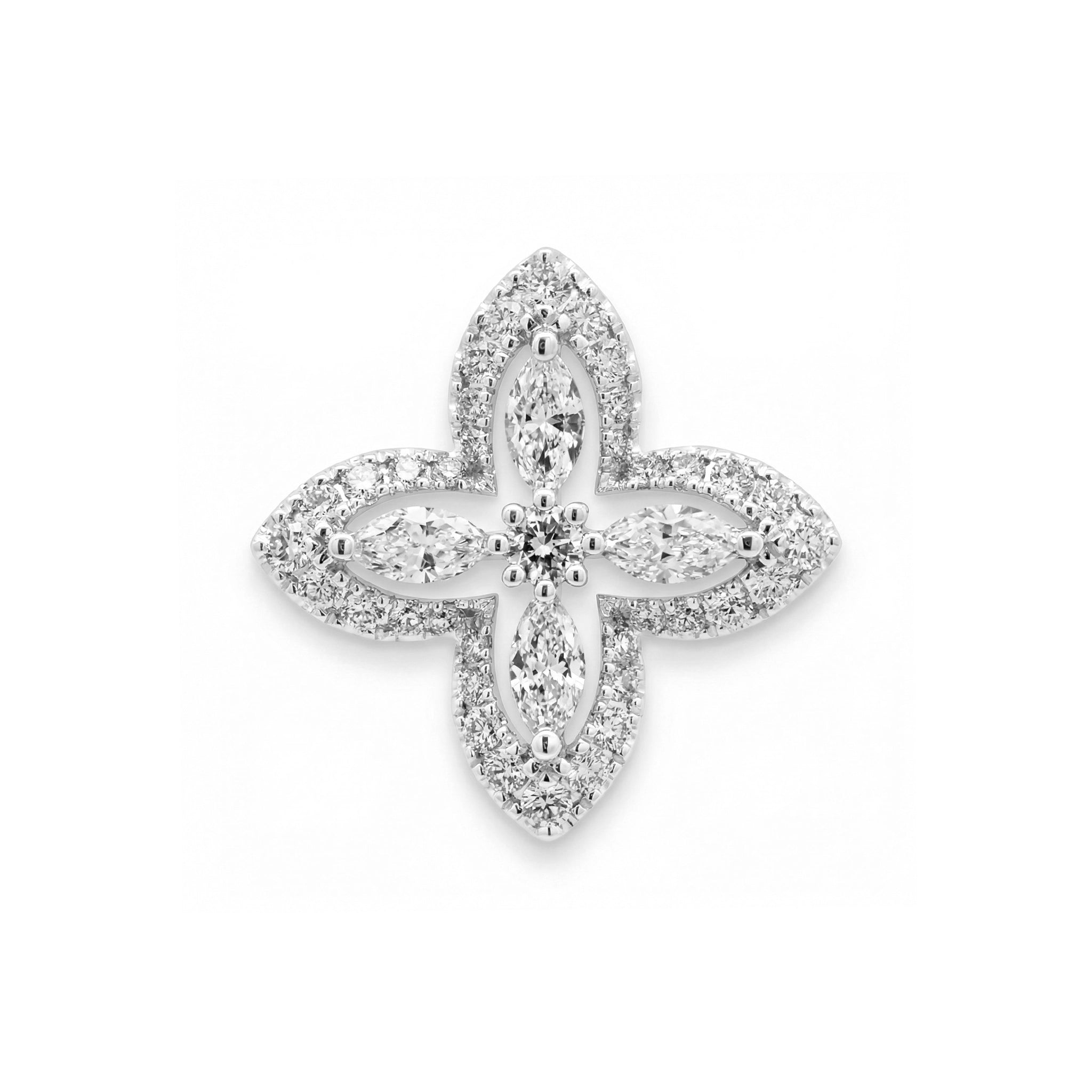 BeBling 14K Yellow Gold Diamond Four Leaf Clover Pendant with marquise stems front view - white gold