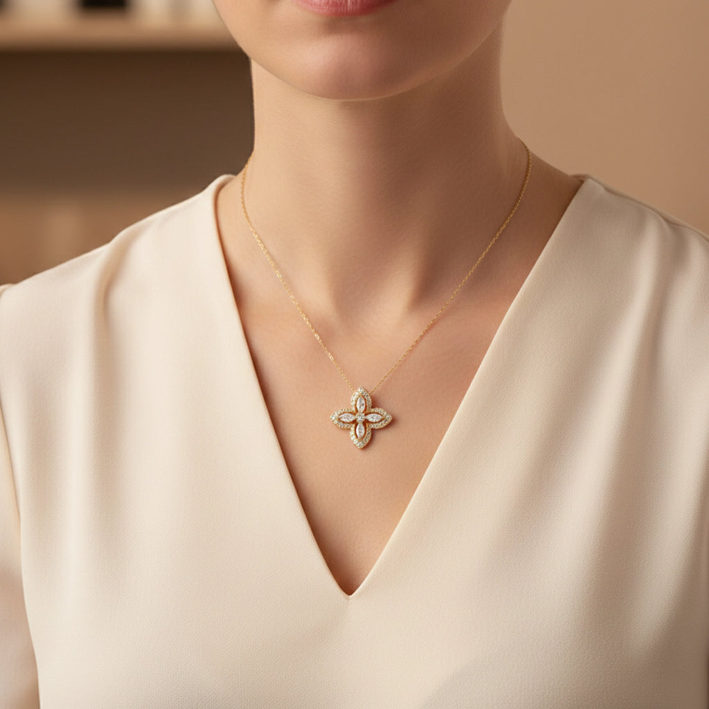 BeBling 14K Yellow Gold Diamond Four Leaf Clover Pendant Necklace with marquise stems - on neck