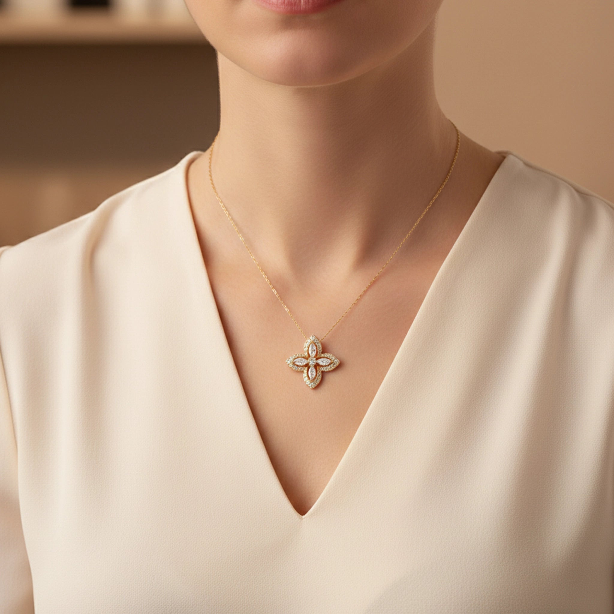 BeBling 14K Yellow Gold Diamond Four Leaf Clover Pendant Necklace with marquise stems - on neck