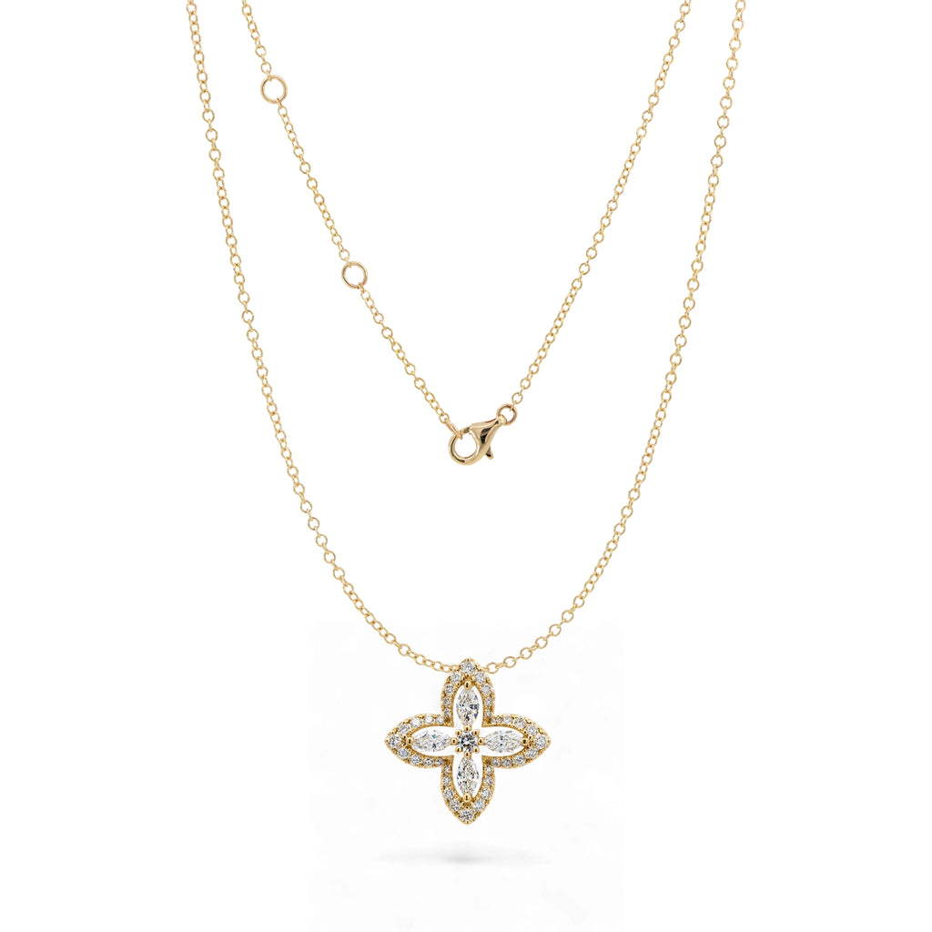 BeBling 14K Yellow Gold Diamond Four Leaf Clover Pendant Necklace with marquise stems front view