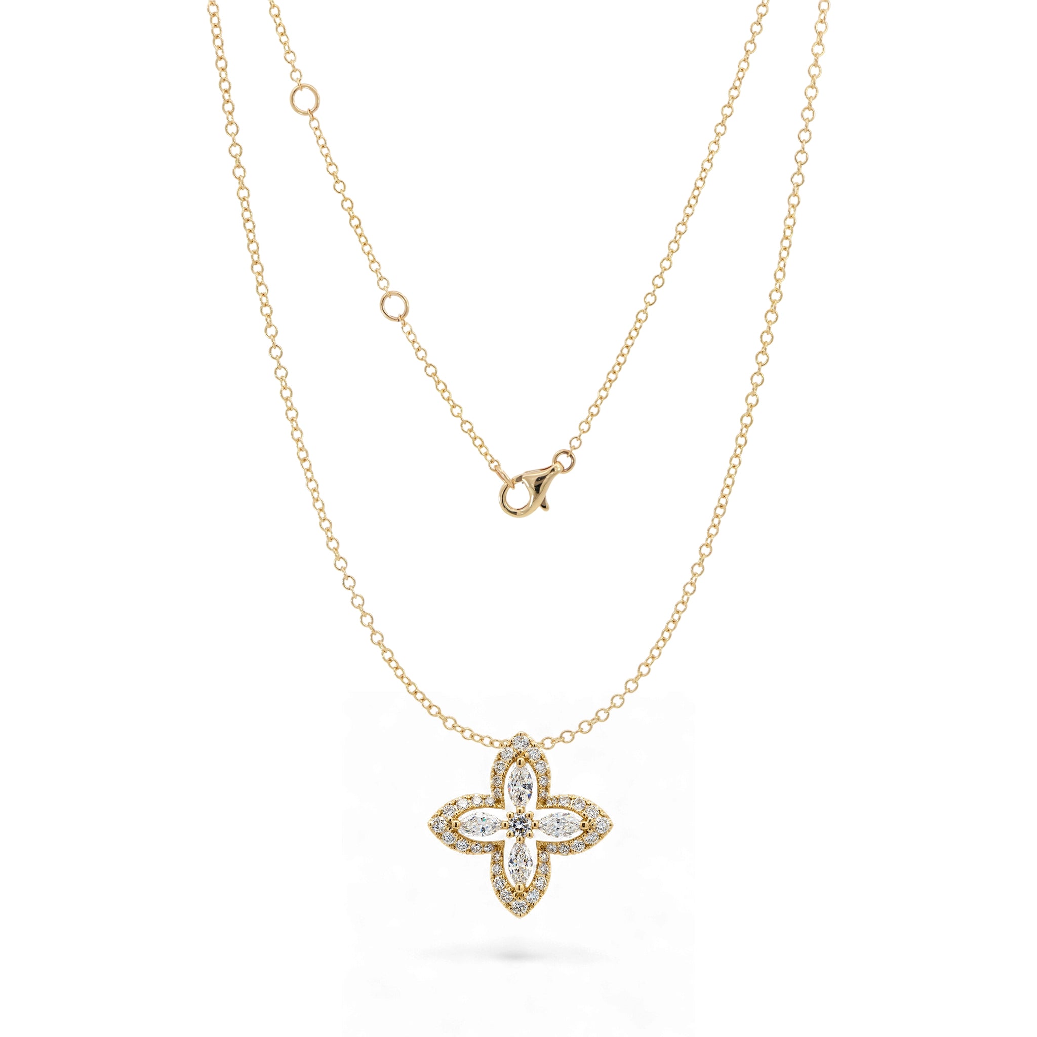 BeBling 14K Yellow Gold Diamond Four Leaf Clover Pendant Necklace with marquise stems front view