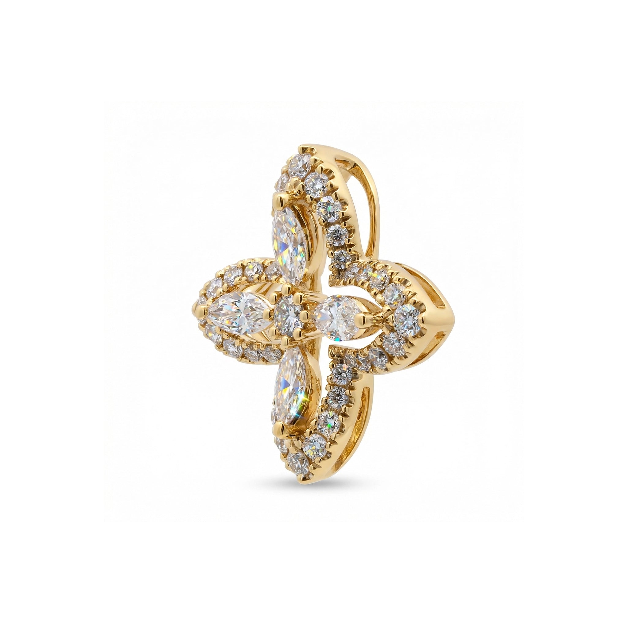 BeBling 14K Yellow Gold Diamond Four Leaf Clover Pendant with marquise stems side view