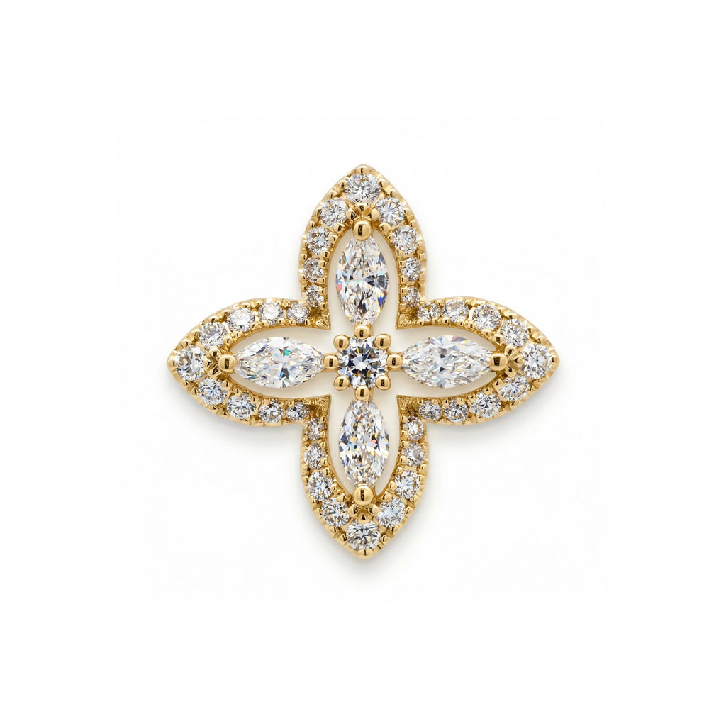 BeBling 14K Yellow Gold Diamond Four Leaf Clover Pendant with marquise stems front view