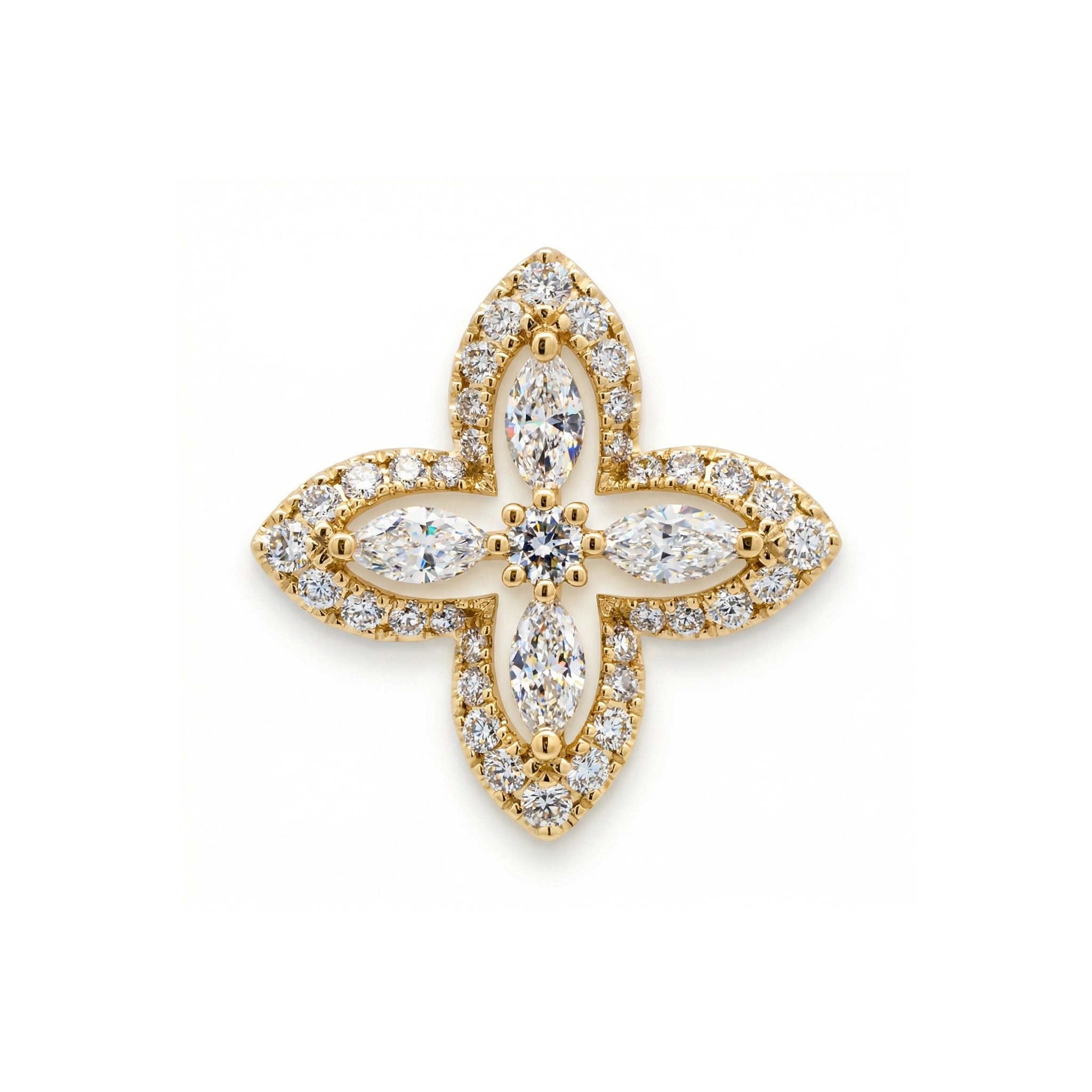 BeBling 14K Yellow Gold Diamond Four Leaf Clover Pendant with marquise stems front view