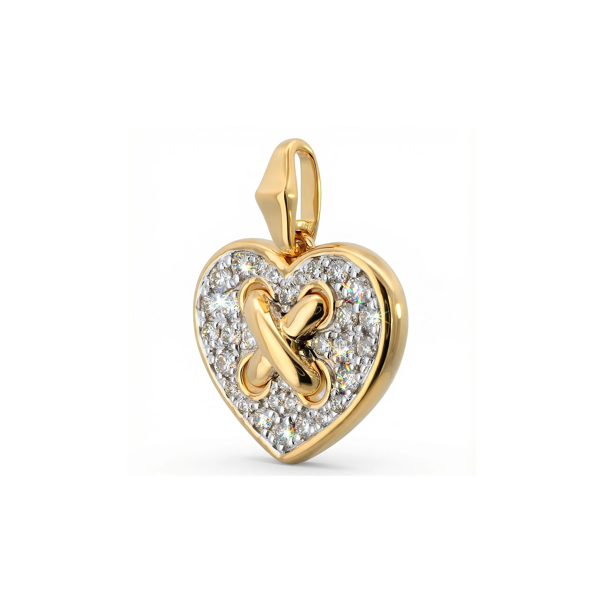 14K Yellow and White Gold Heart Criss Cross Diamond Pendant