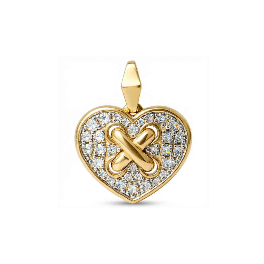14K Yellow and White Gold Heart Criss Cross Diamond Pendant