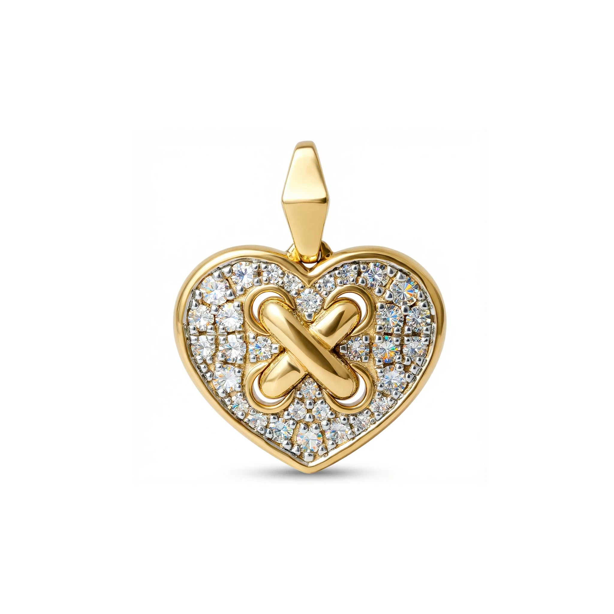 14K Yellow and White Gold Heart Criss Cross Diamond Pendant