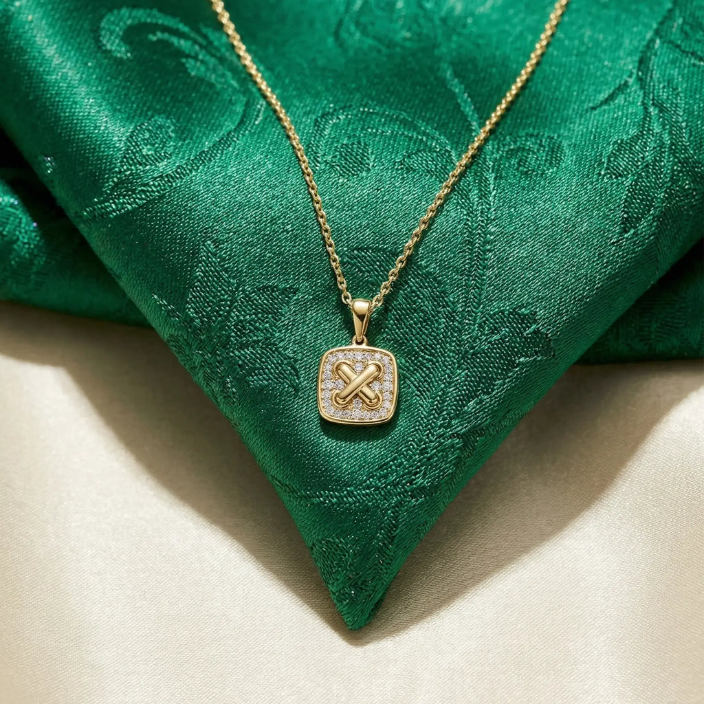 14K Yellow and White Gold Square Criss Cross Diamond Pendant