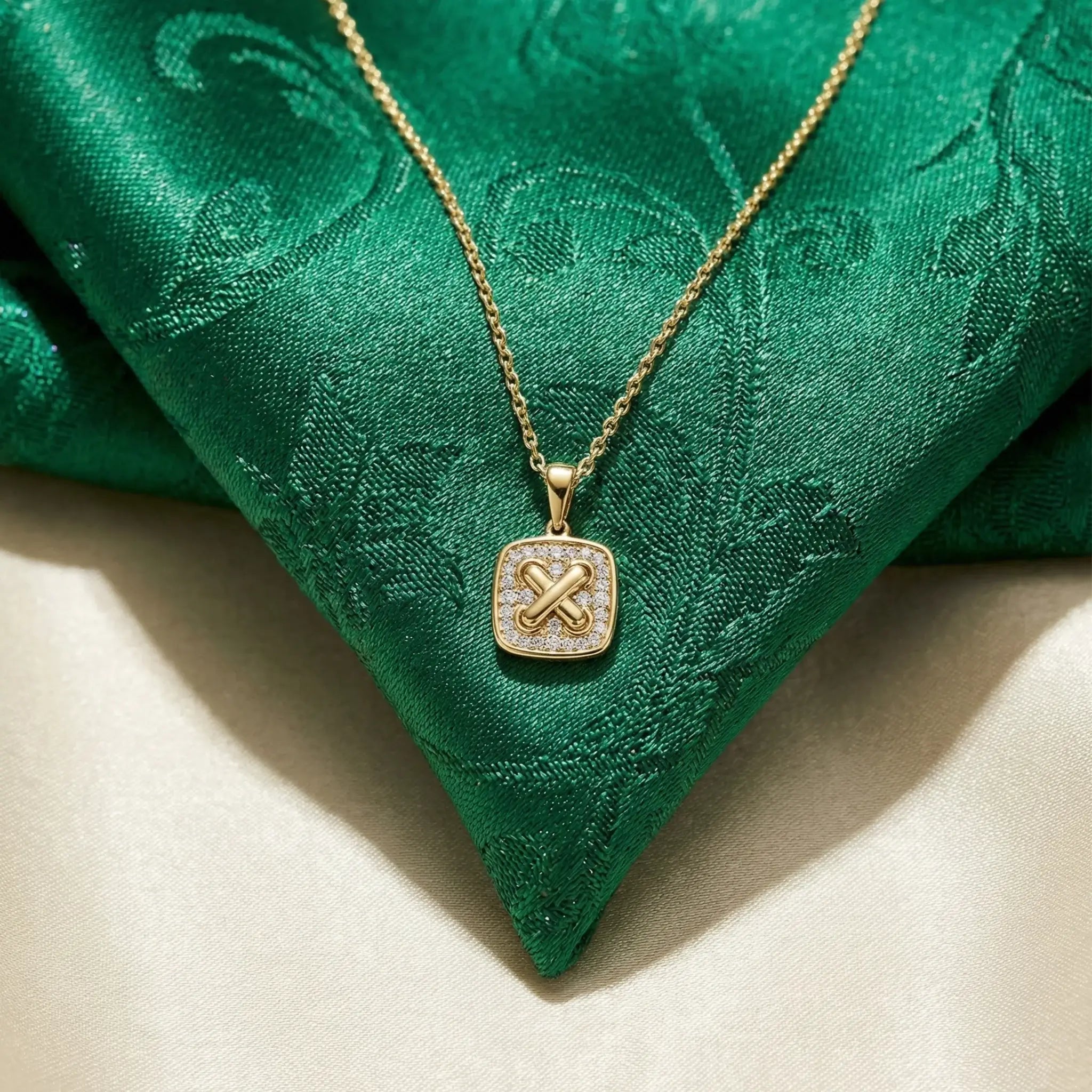 14K Yellow and White Gold Square Criss Cross Diamond Pendant