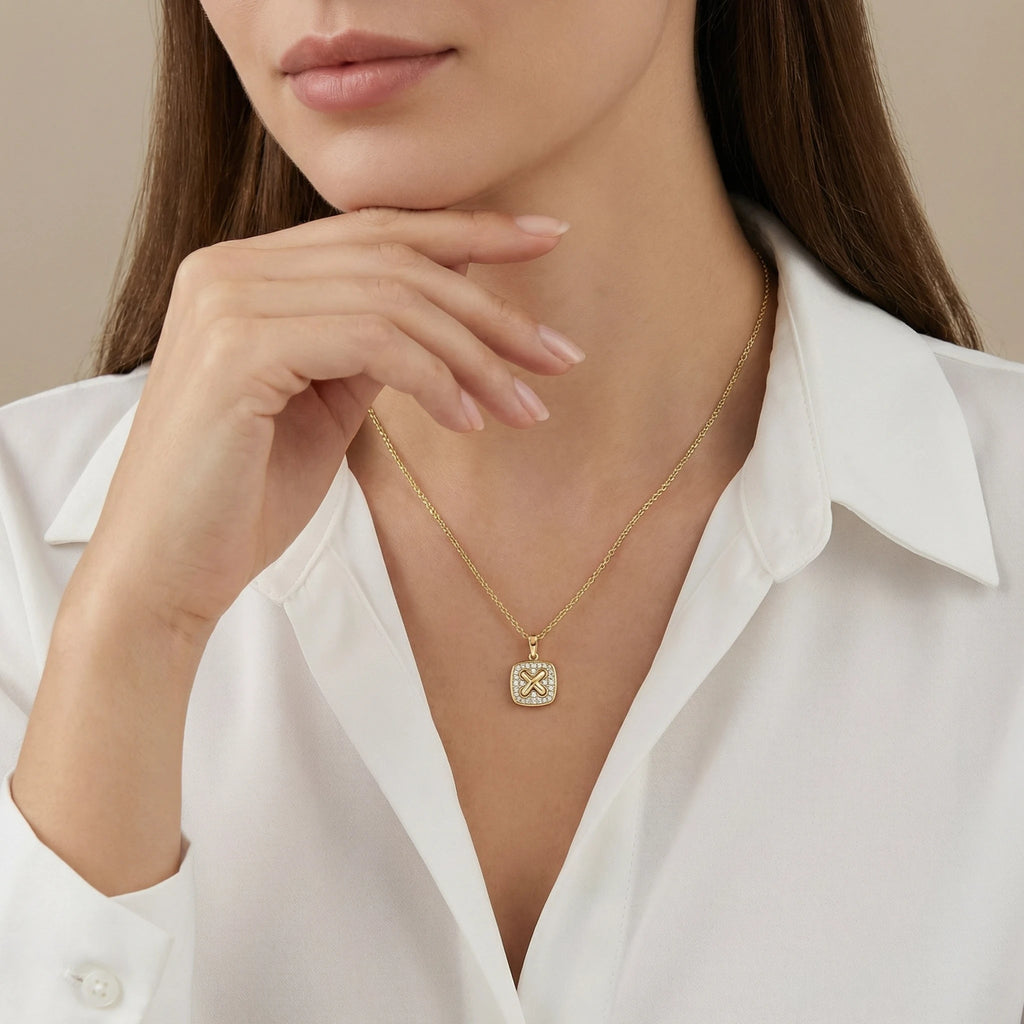 14K Yellow and White Gold Square Criss Cross Diamond Pendant