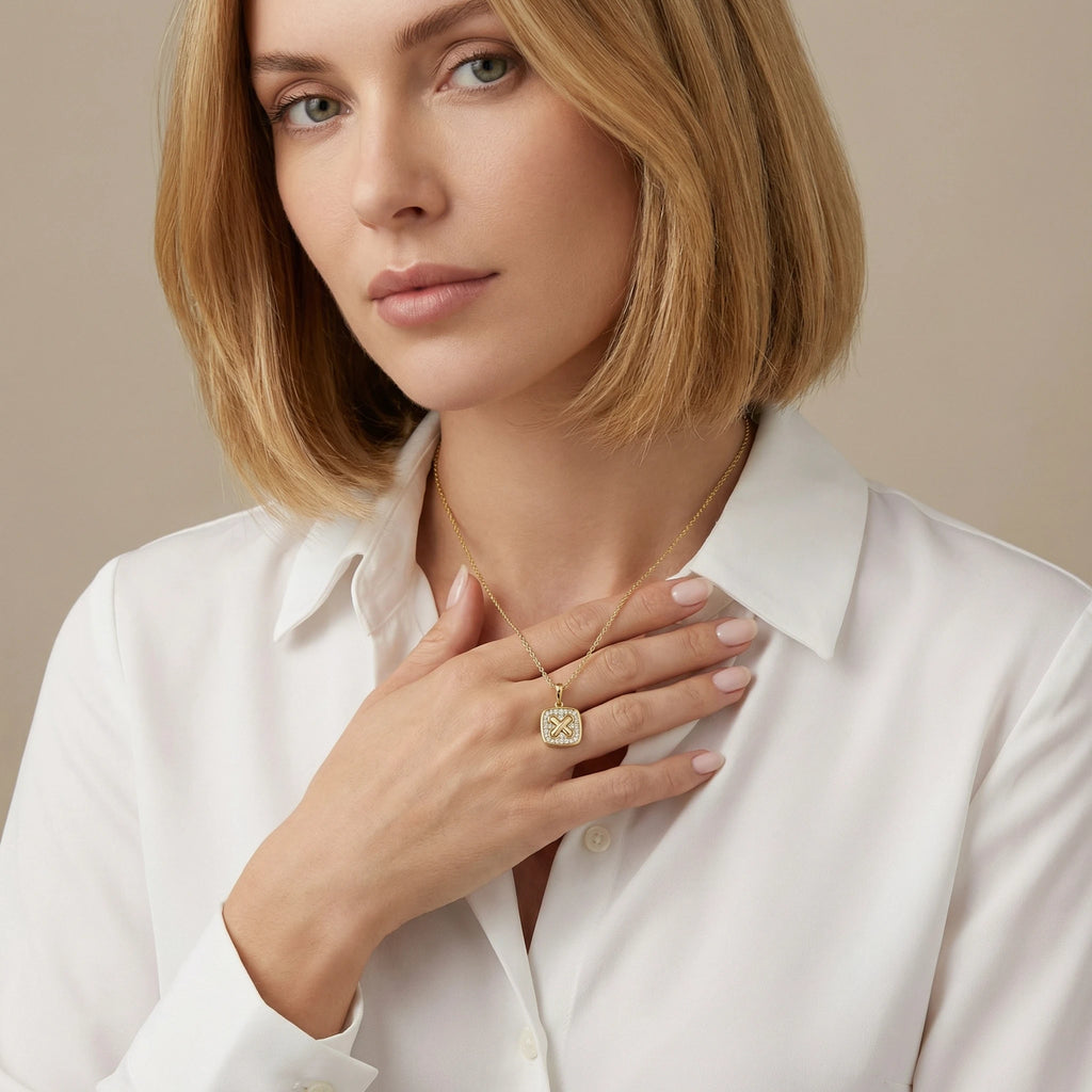 14K Yellow and White Gold Square Criss Cross Diamond Pendant