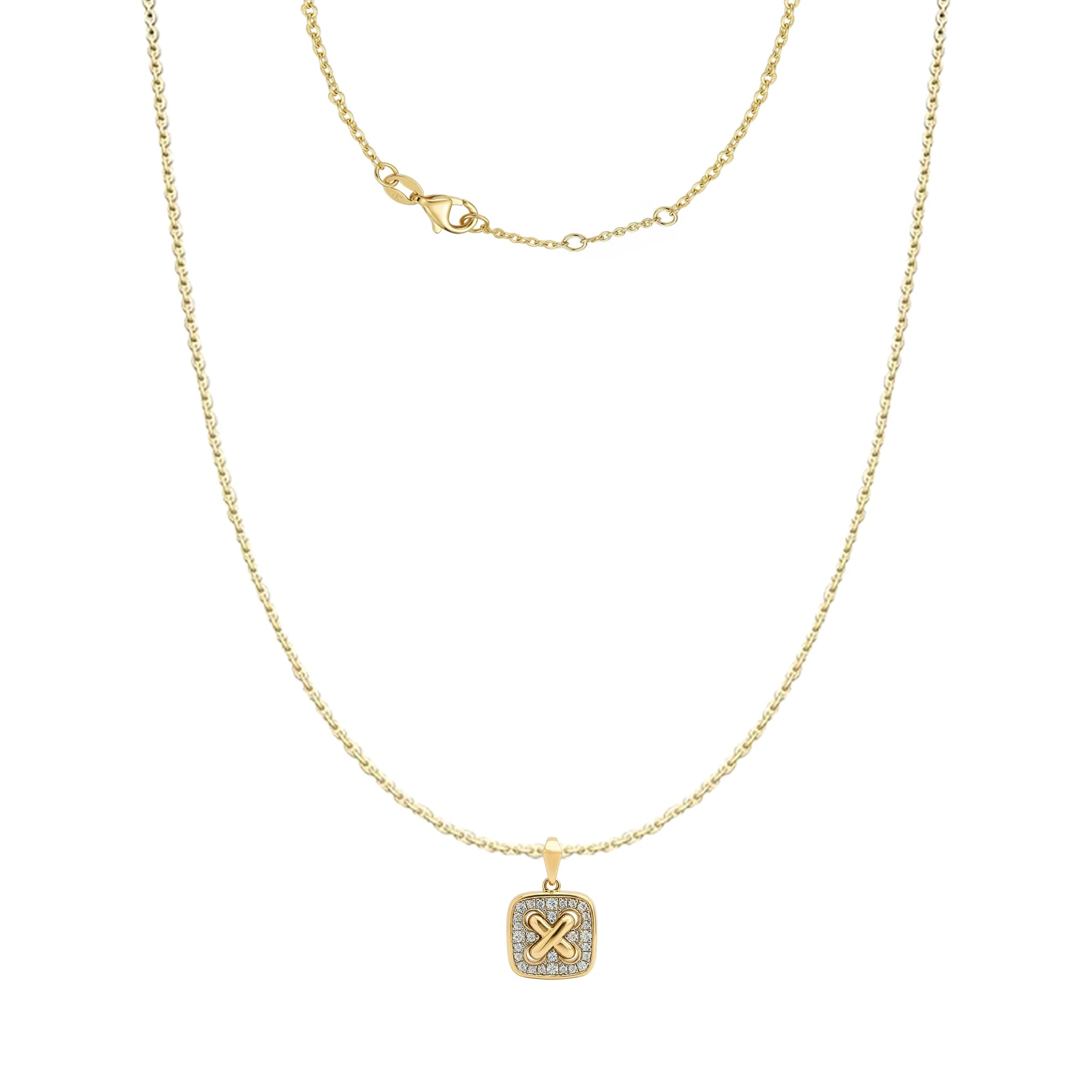 14K Yellow and White Gold Square Criss Cross Diamond Pendant