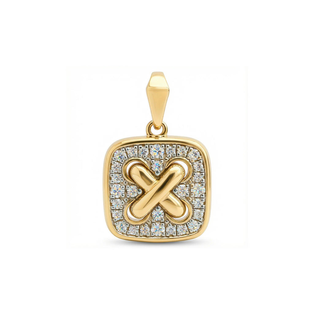 14K Yellow and White Gold Square Criss Cross Diamond Pendant