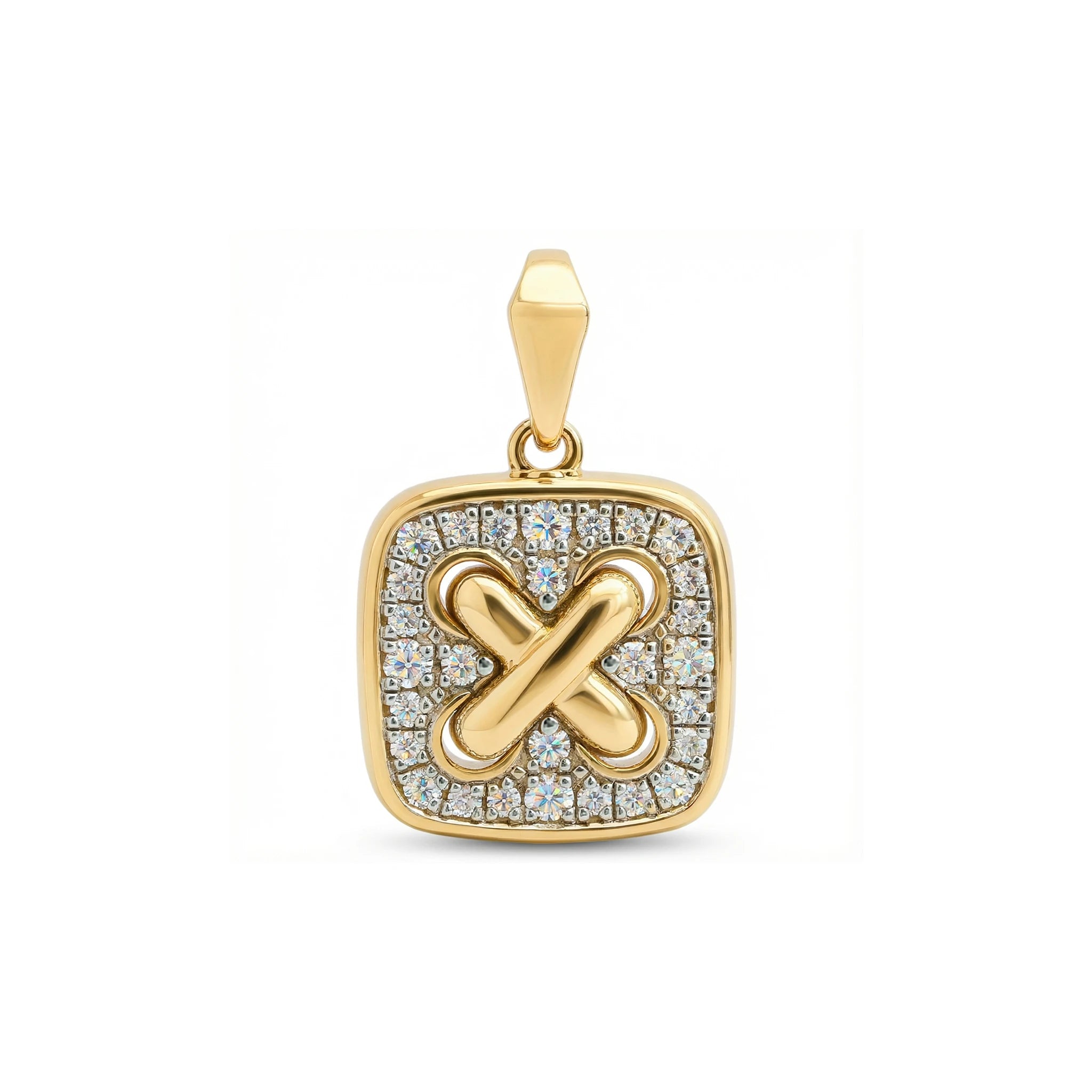 14K Yellow and White Gold Square Criss Cross Diamond Pendant