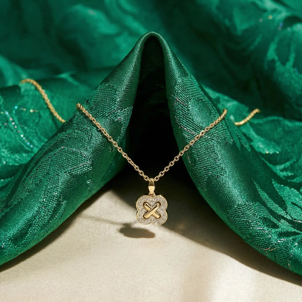 14K Yellow and White Gold Clover Criss Cross Diamond Pendant