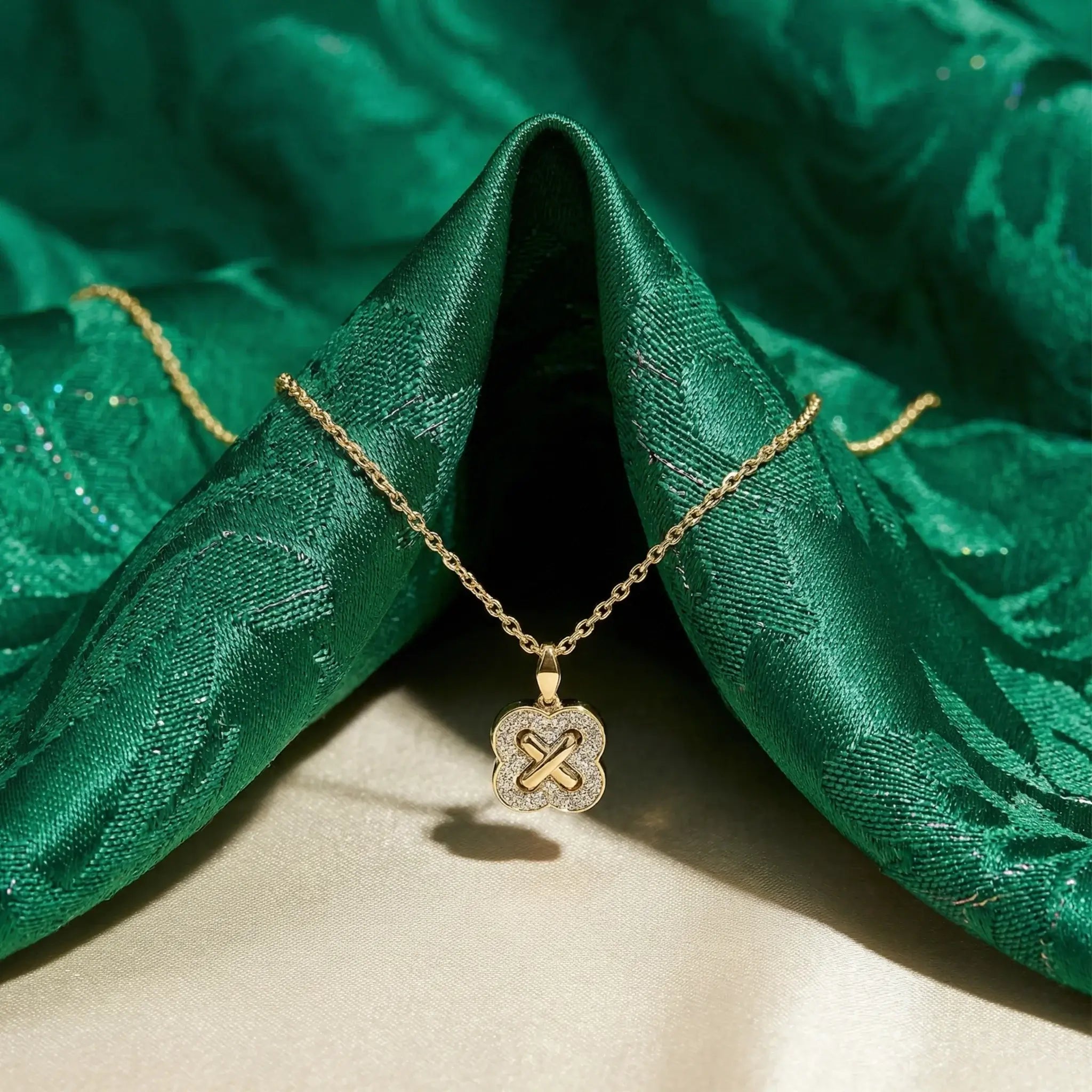 14K Yellow and White Gold Clover Criss Cross Diamond Pendant