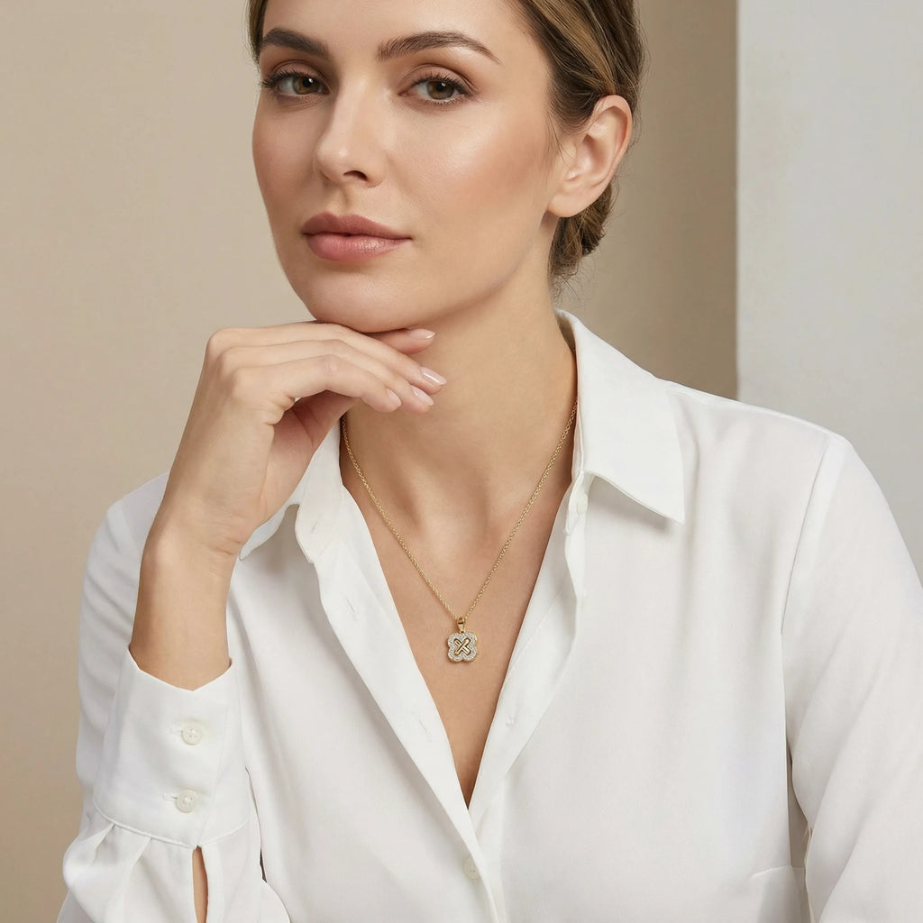 14K Yellow and White Gold Clover Criss Cross Diamond Pendant