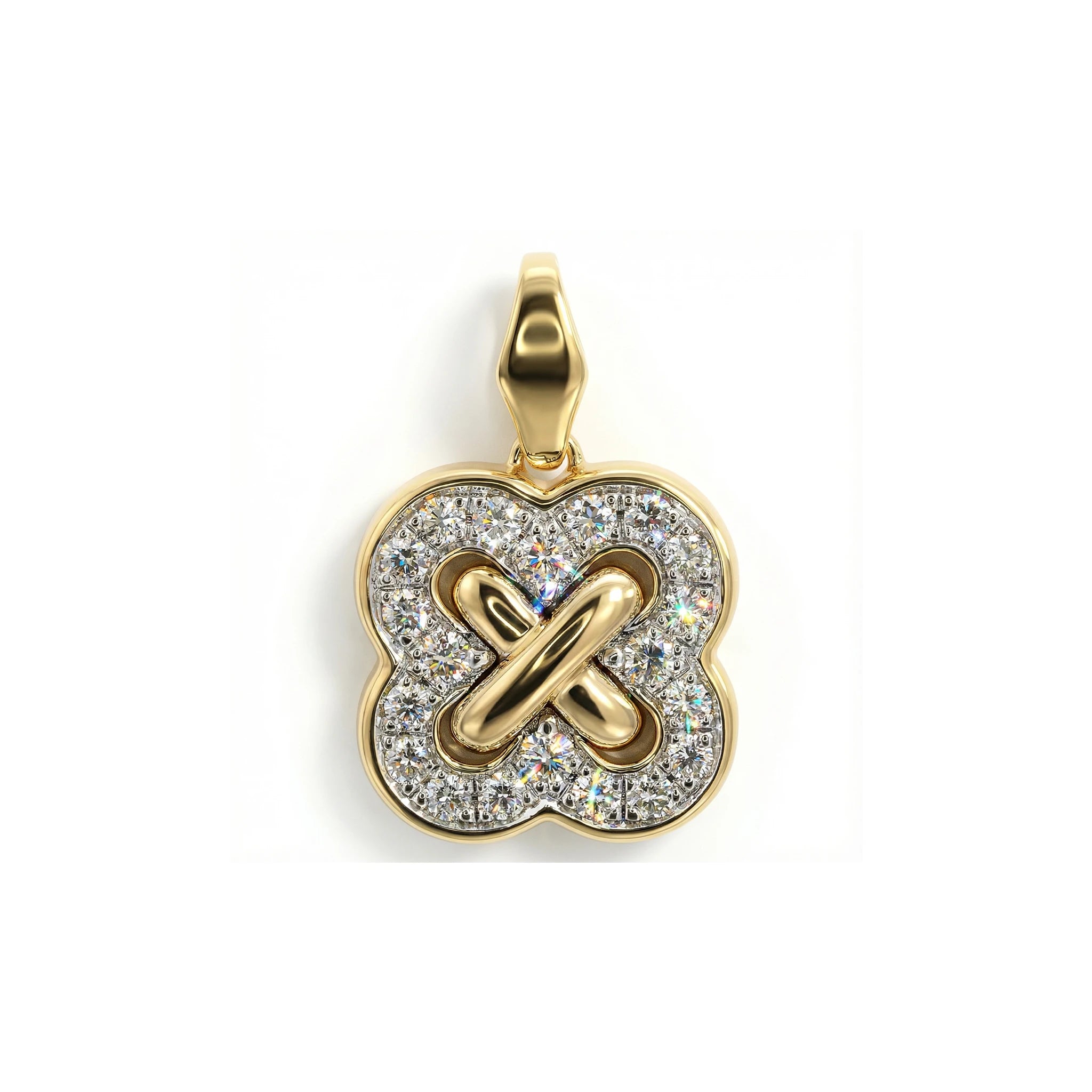 14K Yellow and White Gold Clover Criss Cross Diamond Pendant