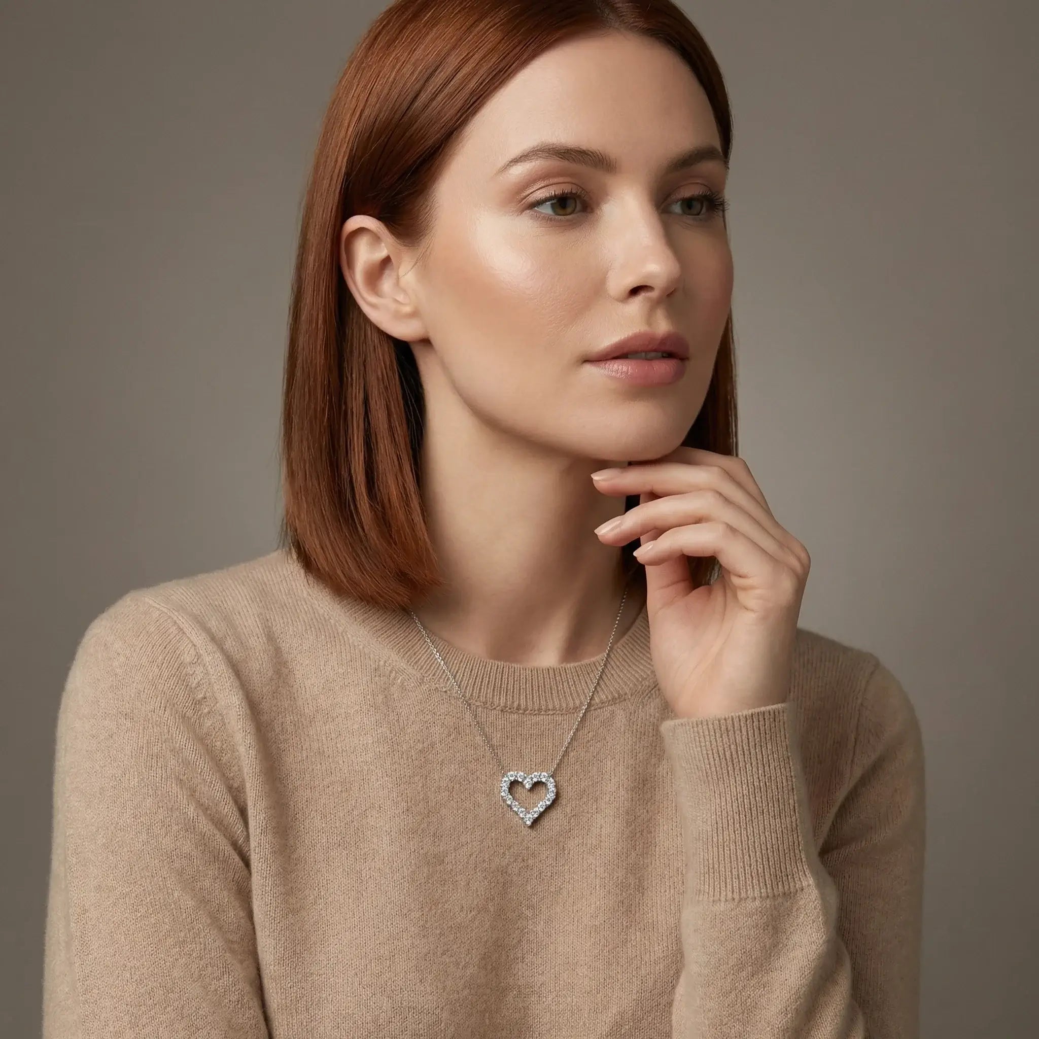 14K White Gold Diamond Heart Pendant - women wearing