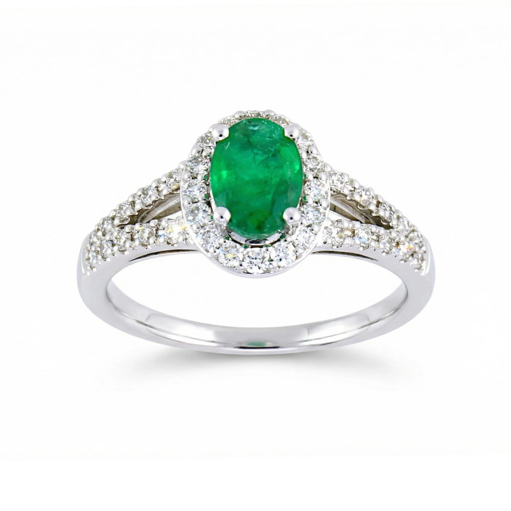 18K White Gold Oval Cut Emerald Diamond Halo Ring