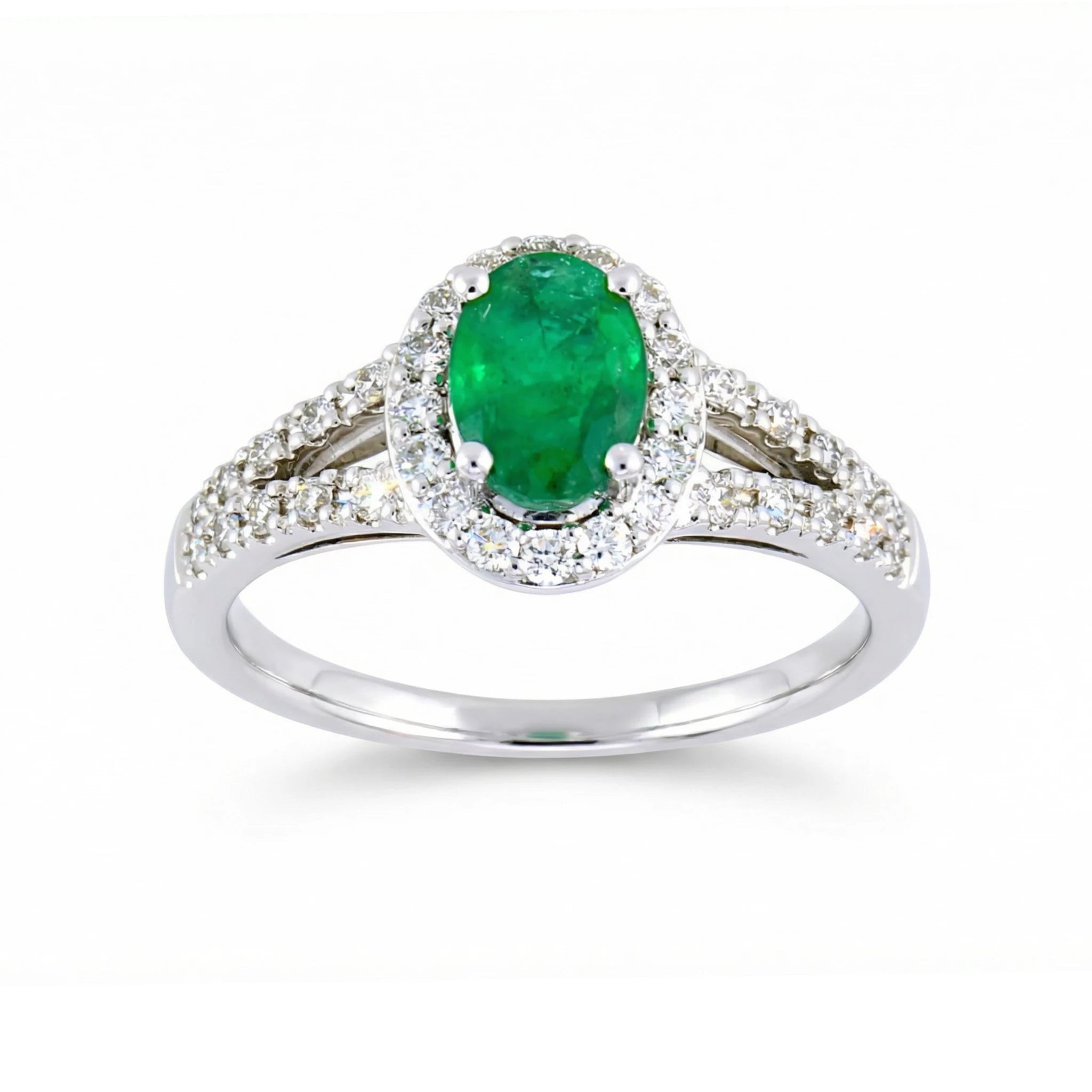 18K White Gold Oval Cut Emerald Diamond Halo Ring