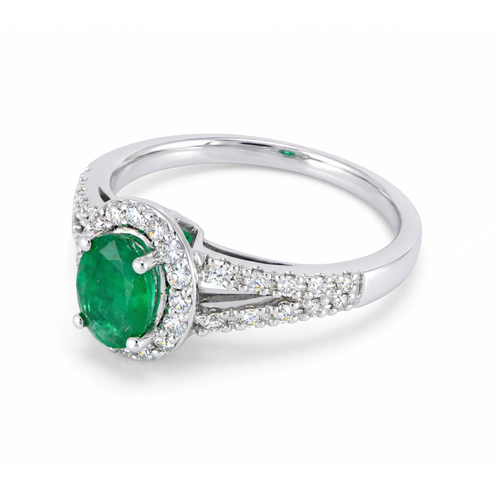 18K White Gold Oval Cut Emerald Diamond Halo Ring