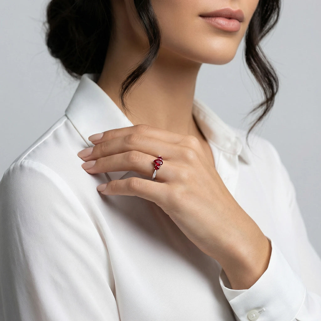 18K White Gold 3 Stone Pear Ruby Diamond Ring