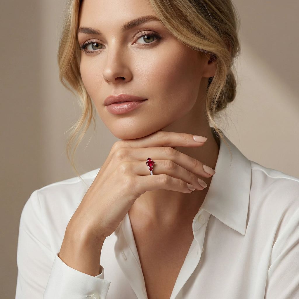 18K White Gold 3 Stone Pear Ruby Diamond Ring