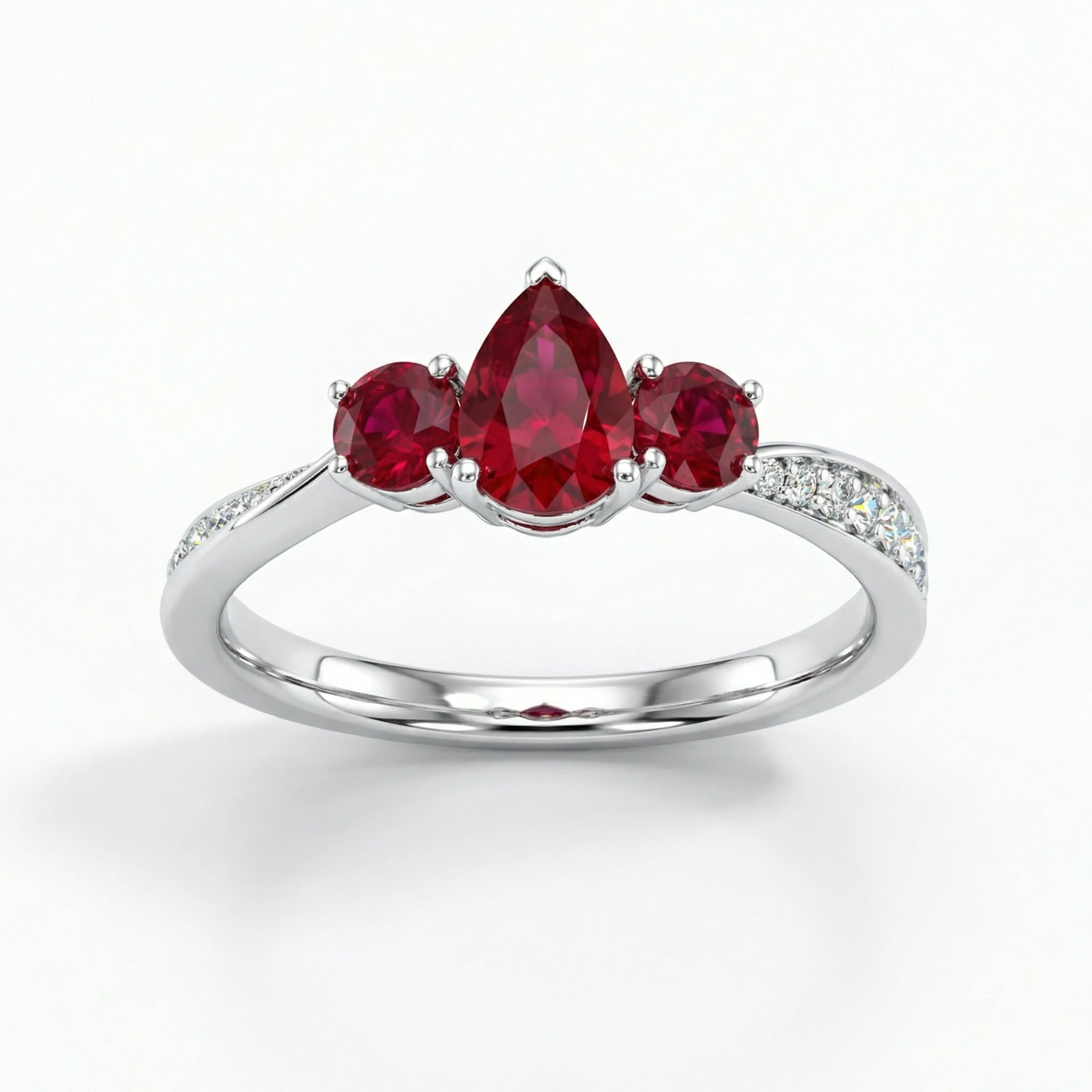 18K White Gold 3 Stone Pear Ruby Diamond Ring