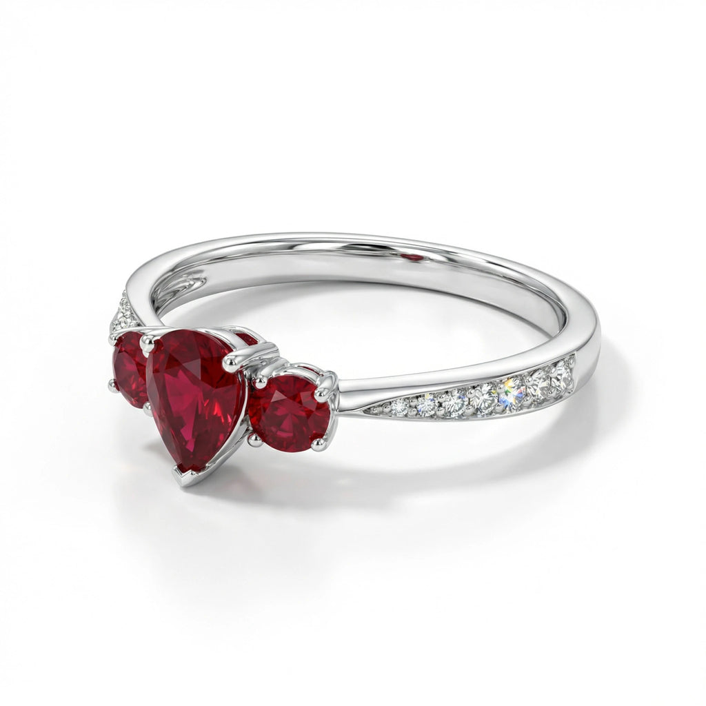 18K White Gold 3 Stone Pear Ruby Diamond Ring