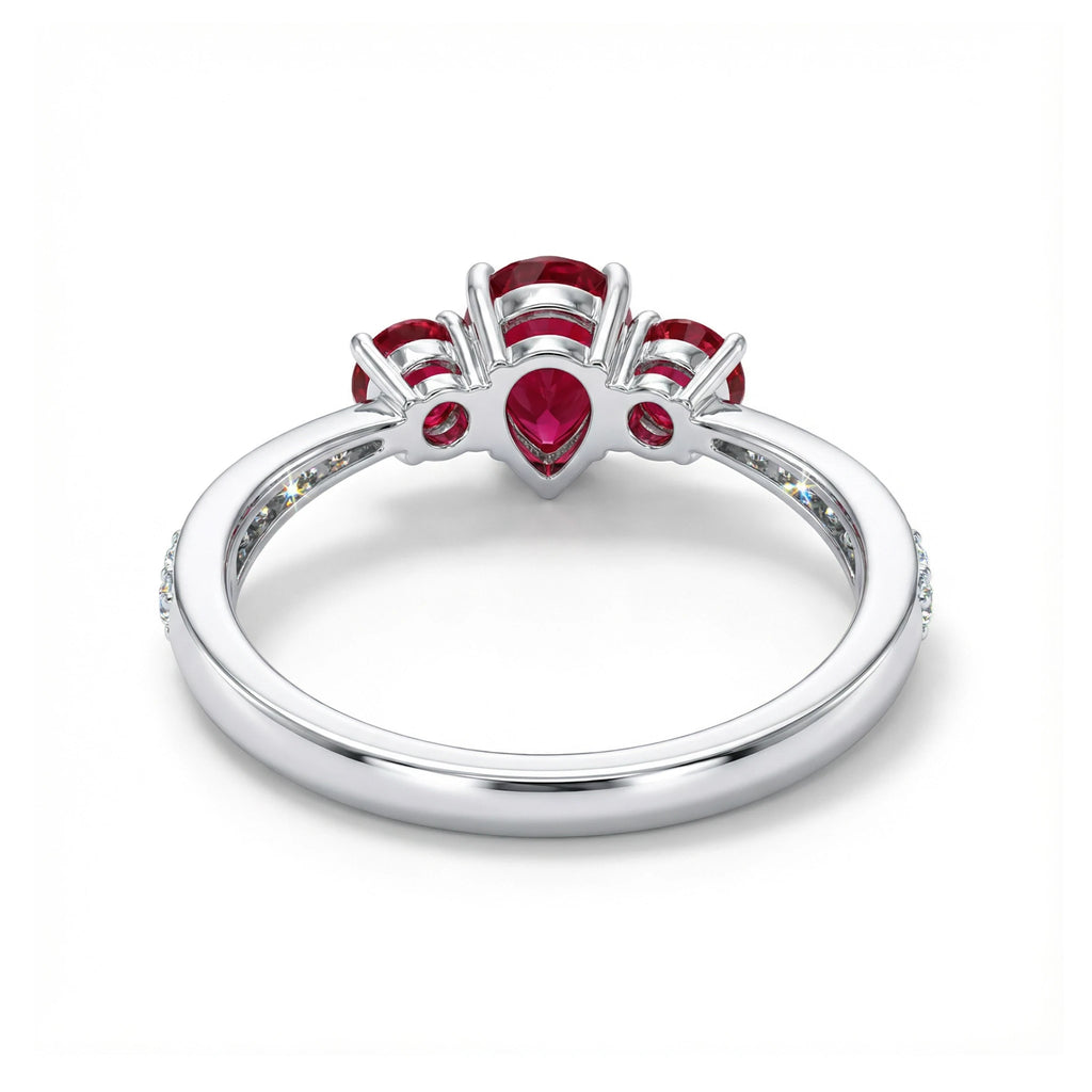 18K White Gold 3 Stone Pear Ruby Diamond Ring