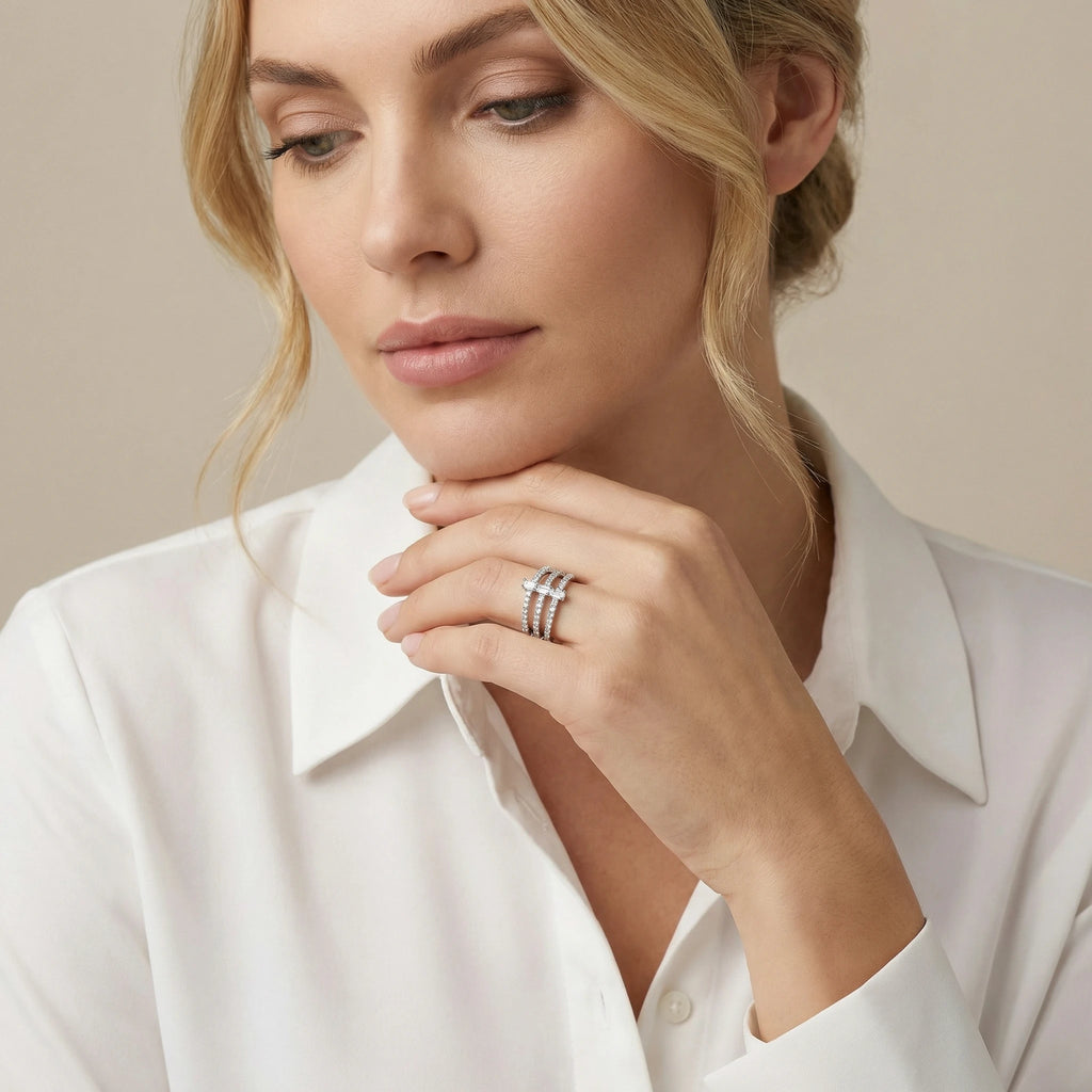 18K White Gold 3 Stone Baguette Cut Diamond Ring