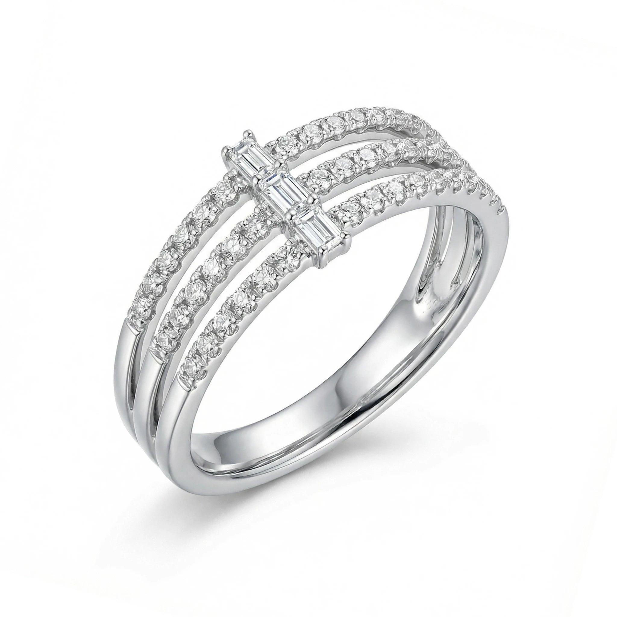 18K White Gold 3 Stone Baguette Cut Diamond Ring