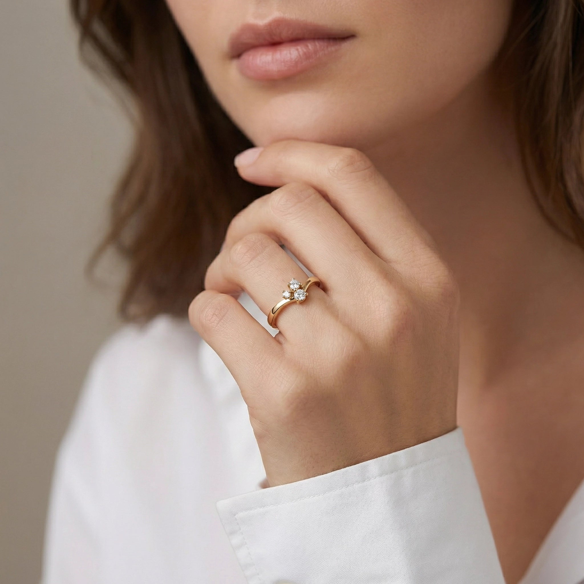 14K Yellow Gold 3 Stone Diamond Wedding Ring - women wearing