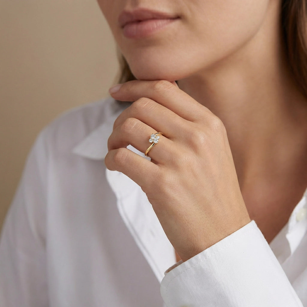 14K Yellow Gold 4 Stone Diamond Wedding Ring - women wearing