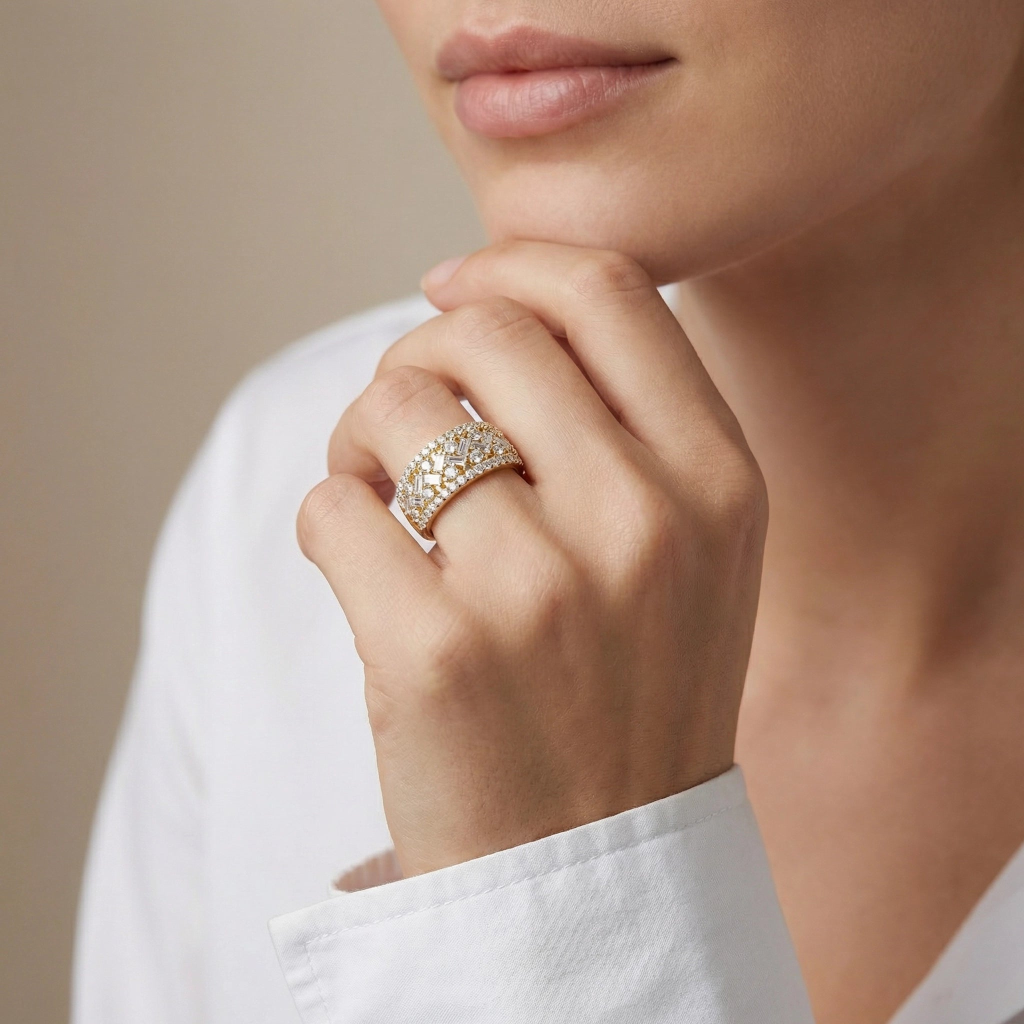 14K Yellow Gold Baguette & Round Diamond Band Ring - women wearing